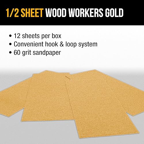 Miniatura 4 de Dura-Gold Hojas de papel de lija dorado de 12 hoja, grano 60 (caja de 12) Carpintería para muebles de madera Hojas de soporte de gancho y bucle de