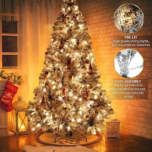 Miniatura 4 de Árbol de Navidad preiluminado de 7.5 pies con luces, árbol de Navidad artificial flocado de nieve con 335 luces LED blancas cálidas, 1063 puntas de