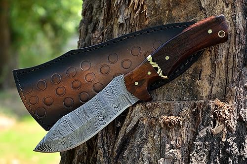 Cuchillo de caza de Damasco de hoja fija Bushcraft Skinner cuchillos de supervivencia al aire libre con funda de cuero, regalo para hombres