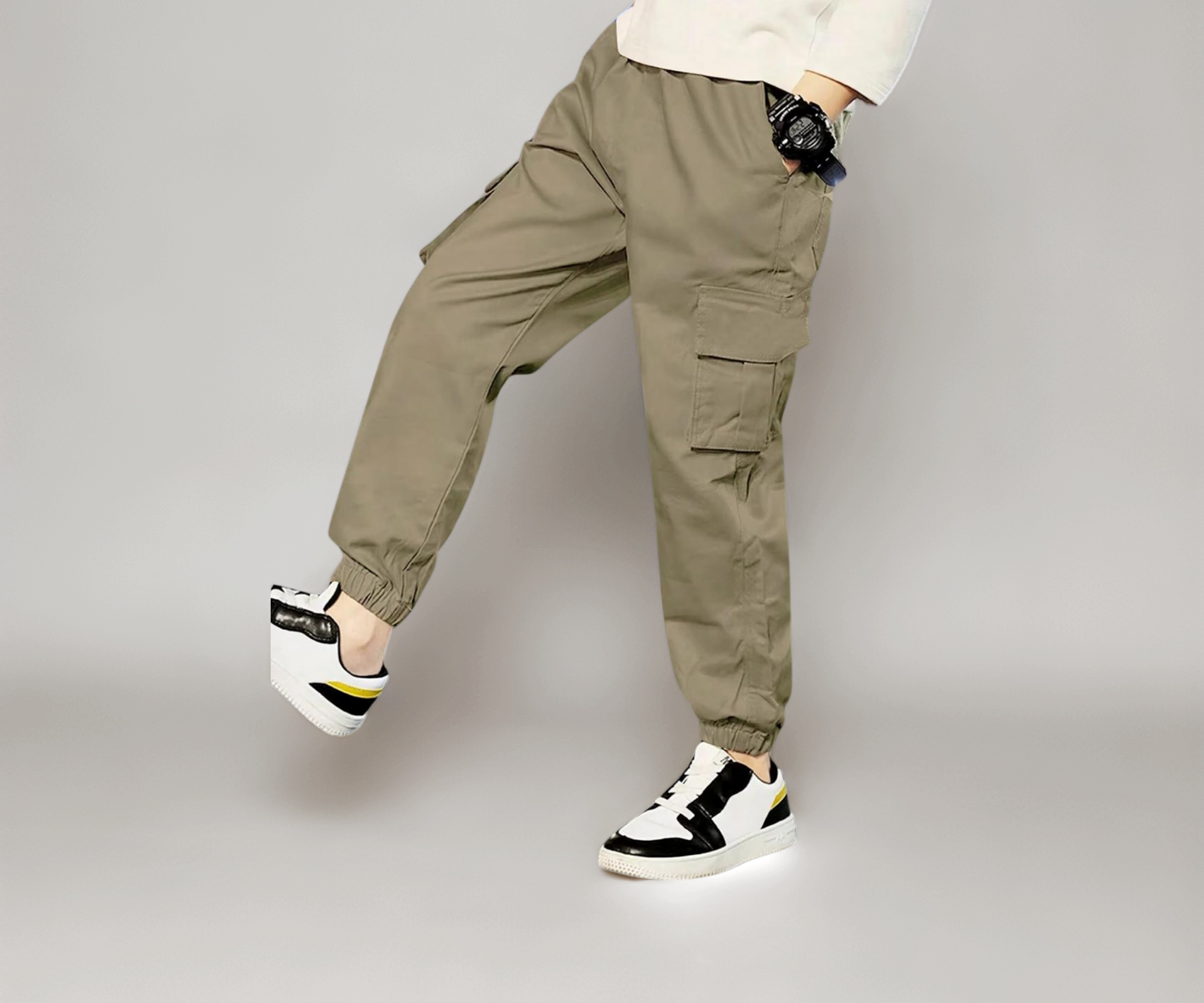 Kid Boys Cotton Cargo Joggers Pant with Mutiple Pockets and Elastic Waistband Closure | Cargo Pants for Boys