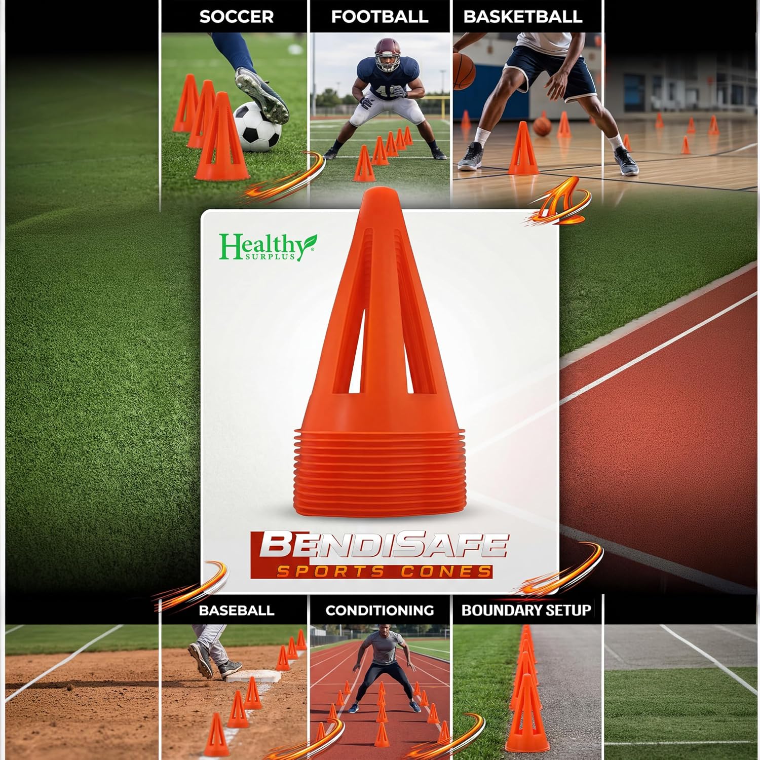 Soccer Training Discs - Flexible Agility Marker Discs for Soccer, Football & Basketball Drills- 7” Base and 2.25” Tall – High Visibility Orange Field Marker Cones - Made in USA - BendiSafe