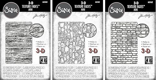 Tim Holtz Alterations Sizzix 3D Texture Fades - Carpetas en relieve - Mini madera, mini adoquines y mini ladrillos - Paquete de 3 artículos