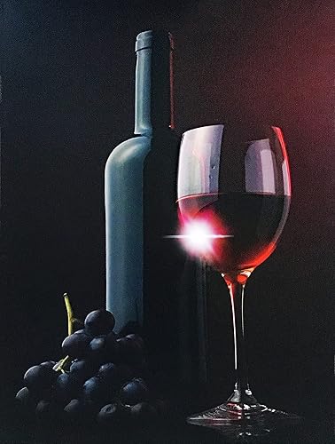 BANBERRY DESIGNS Impresión en lienzo iluminada, vino tinto en una copa con botella y uvas moradas oscuras, 12 x 16 pulgadas