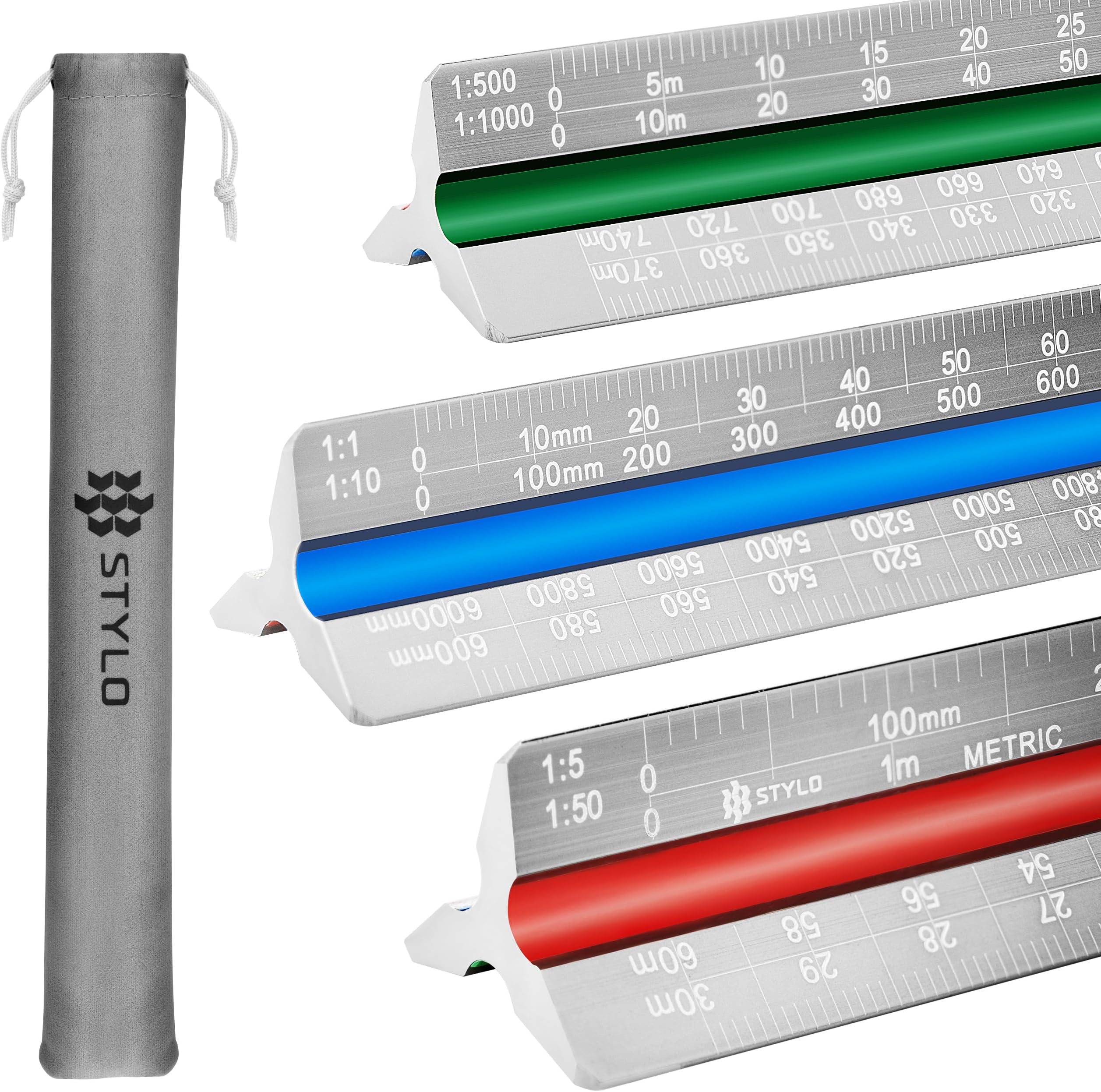 Stylo Aluminum Architect Scale Ruler - 30cm Triangle Drafting With Color Coded Grooves for Blueprint - Metric Architectural Scale (Metric Units)