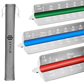 Stylo 12" Aluminum Architect Scale Ruler Laser Etched Triangle Drafting Ruler, Color Coded Grooves for Blueprint, Drafting and Drawing, Architectural Scale Ruler for Blueprints Grey, Metric