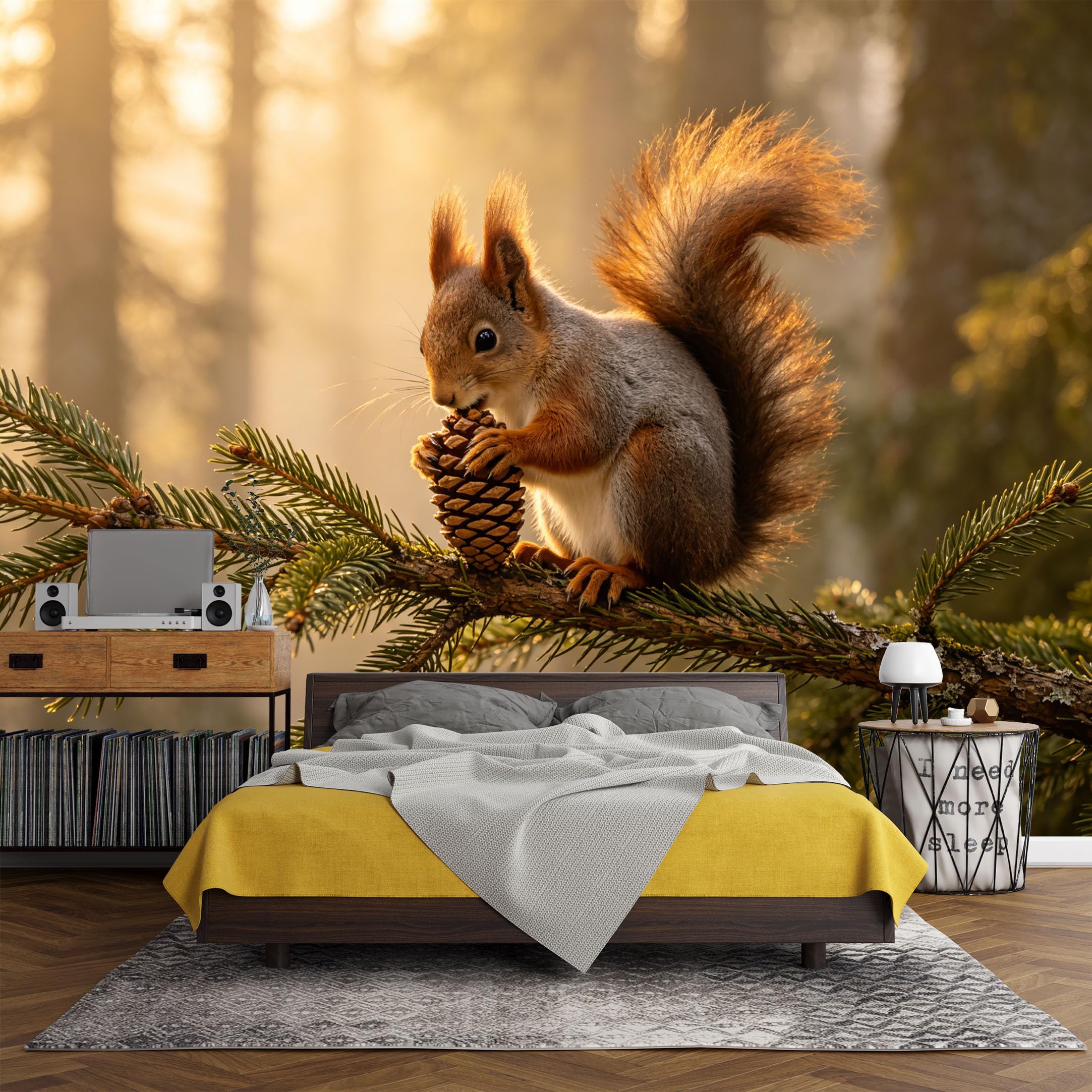 Custom Size Wall Mural， Forest Squirrel Pinecone Morning Light Woodland Scene，SelfAdhesive Art Prints wall Fabric (No PVC) Removable Wallpaper Living Room Decor