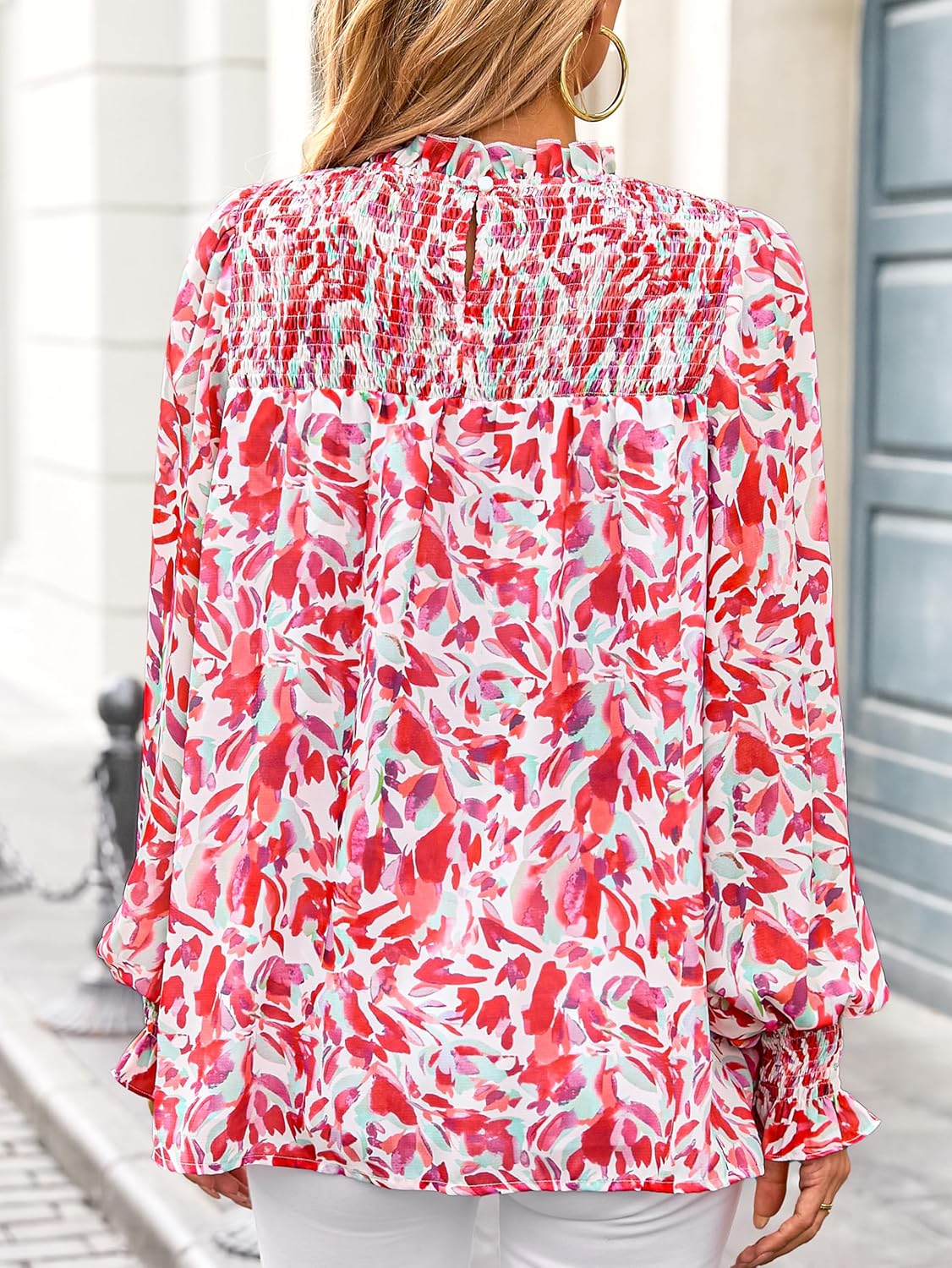 MASCOMODA Womens Blouses 2025 Spring Boho Floral Ruffle High Neck Long Sleeve Tops Dressy Casual Smocked Chiffon Work Shirts - Image 5