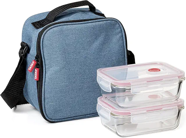 Sac Isotherme Repas TATAY 3,5L avec 2 Boîtes Verre - Lunch Box Compacte Bleu Denim