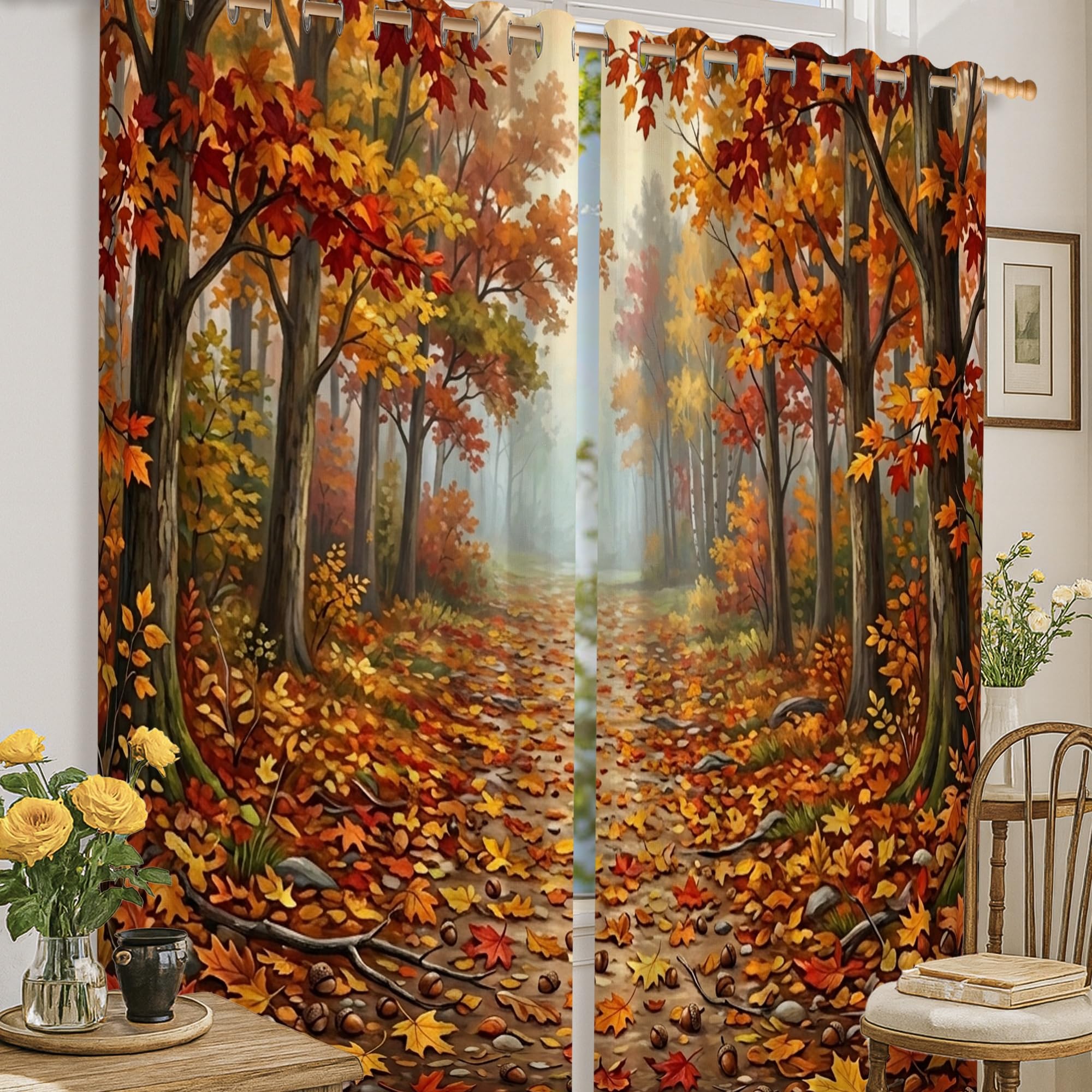 Rideaux occultants feuilles d'automne rouge 132x160cm rustiques à œillets pour la chambre enfant