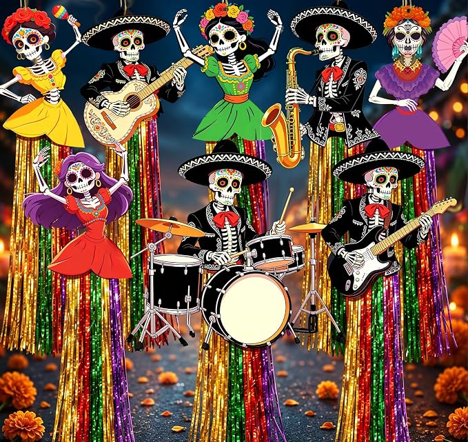8 Pcs Day of the Dead Hanging Decorations, Dia de Los Muertos Sugar Skull
