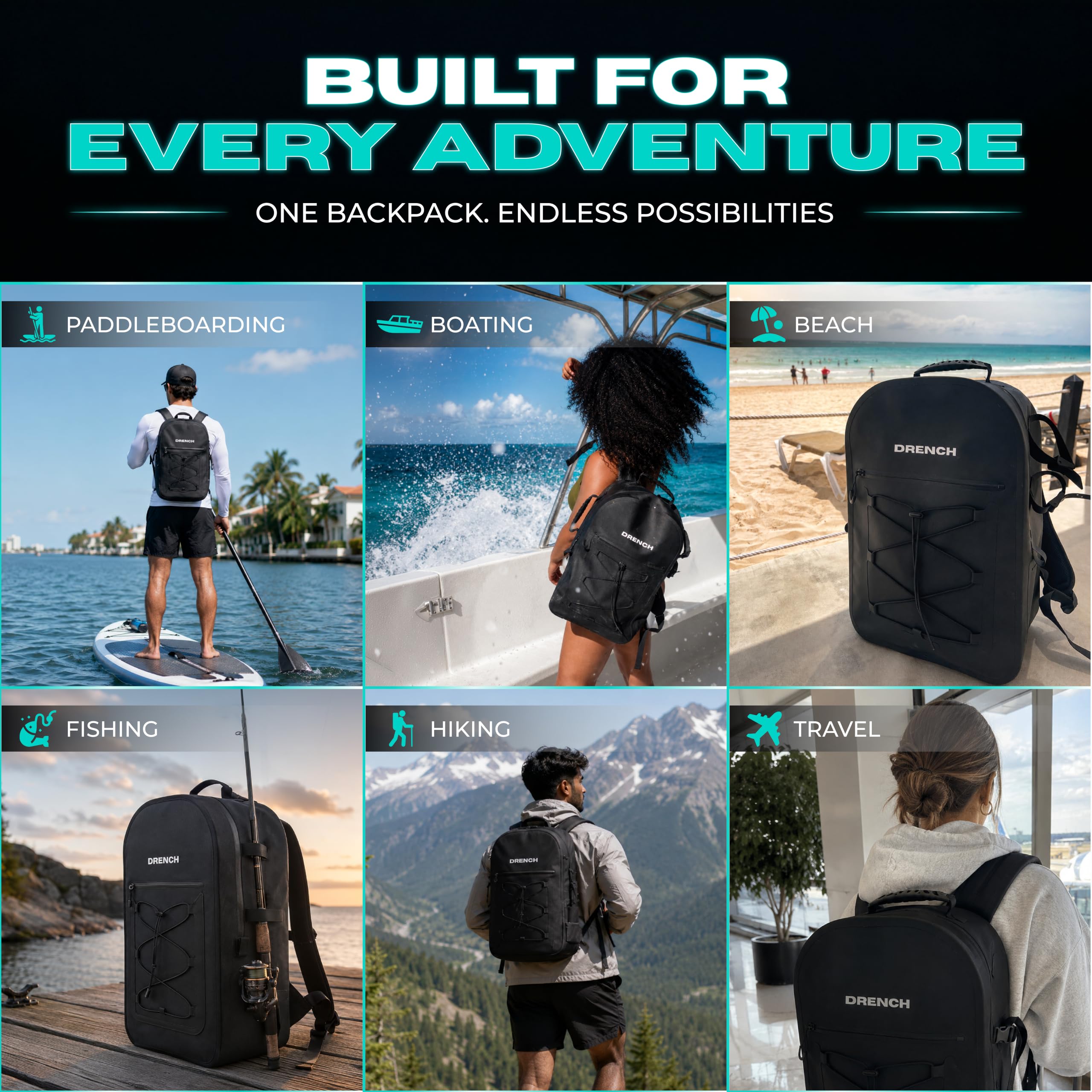 DRENCH Sac à dos 100 % étanche 25 L | Sac étanche IPX8 entièrement submersible avec joint hermétique | Sac à dos de voyage flottant pour ordinateur portable de 16" | Système de boucle pour la pêche