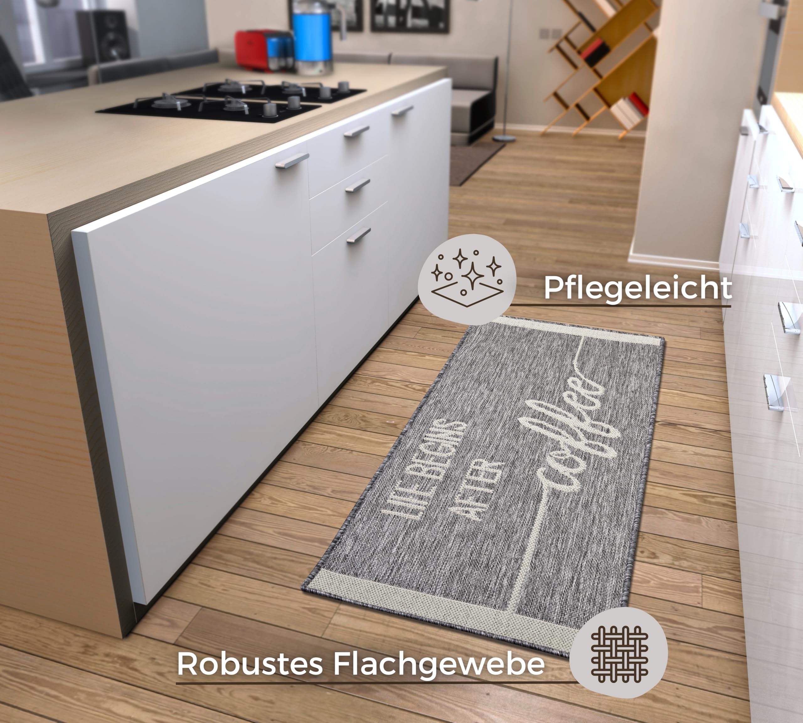 Hanse Home Life Begins After Coffee Keukenloper, loper met belettering, antislip, onderhoudsvriendelijk, robuust, Öko-Tex tapijtloper voor keuken, hal, eetkamer, grijs-crème, 62 x 150 cm