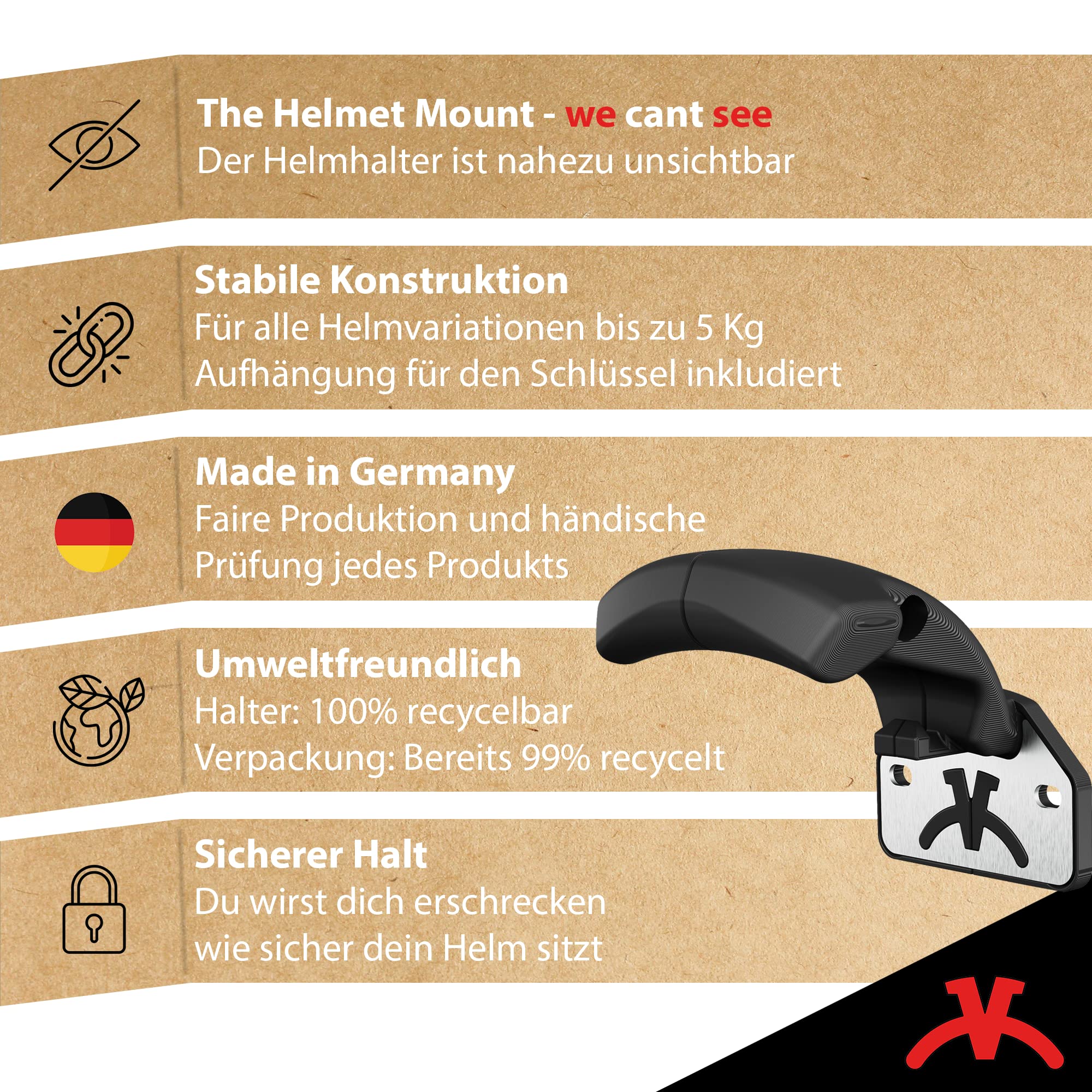 Elegante supporto per casco da parete, prodotto in Germania, montaggio molto facile per moto, il tuo casco galleggia