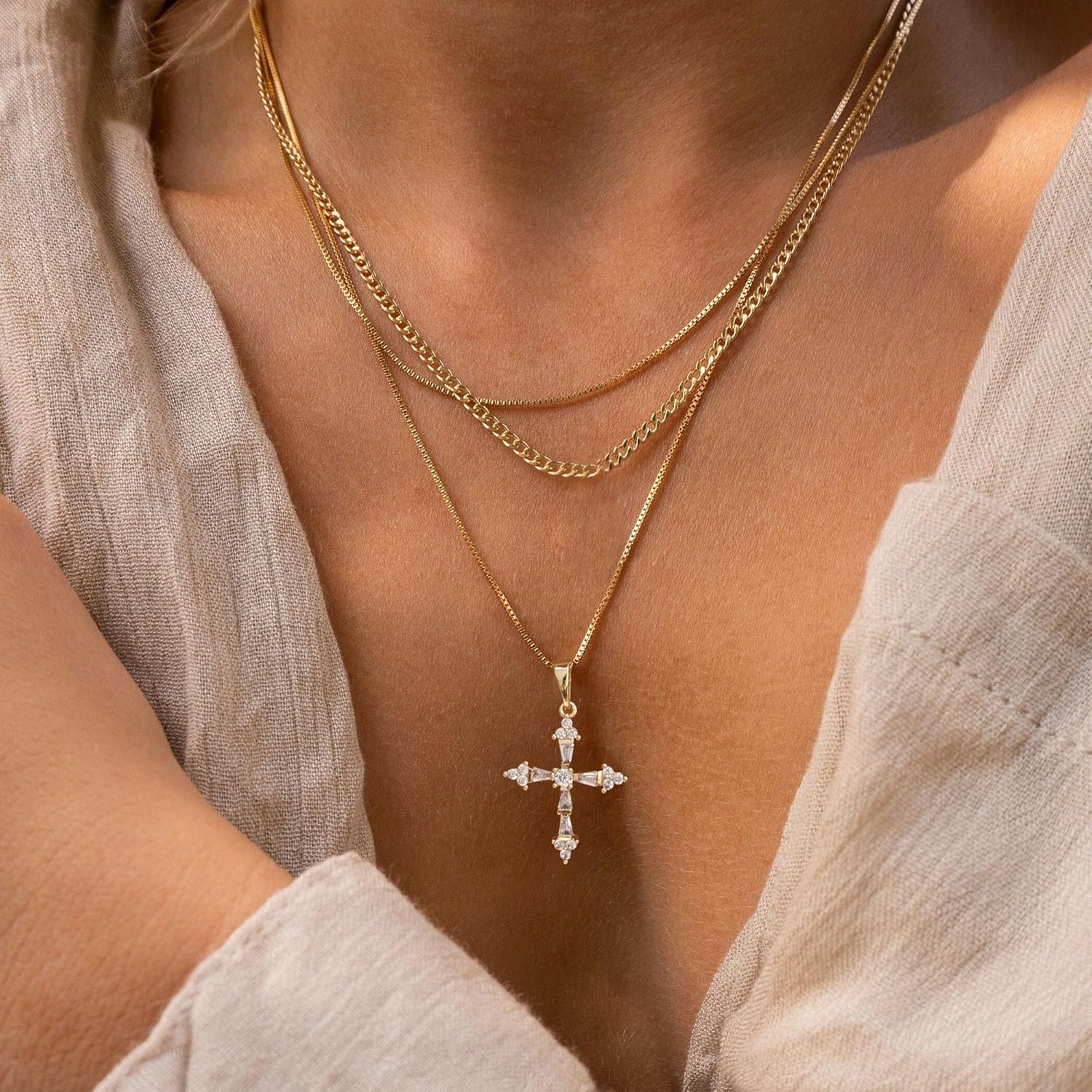 Cross Necklace For Women,Dainty 14K Gold Plated Layered Choker Necklace Fashion Cross Chain Necklace Stack Simple Layered Necklaces for Women Trendy Gold Jewelry - Image 2