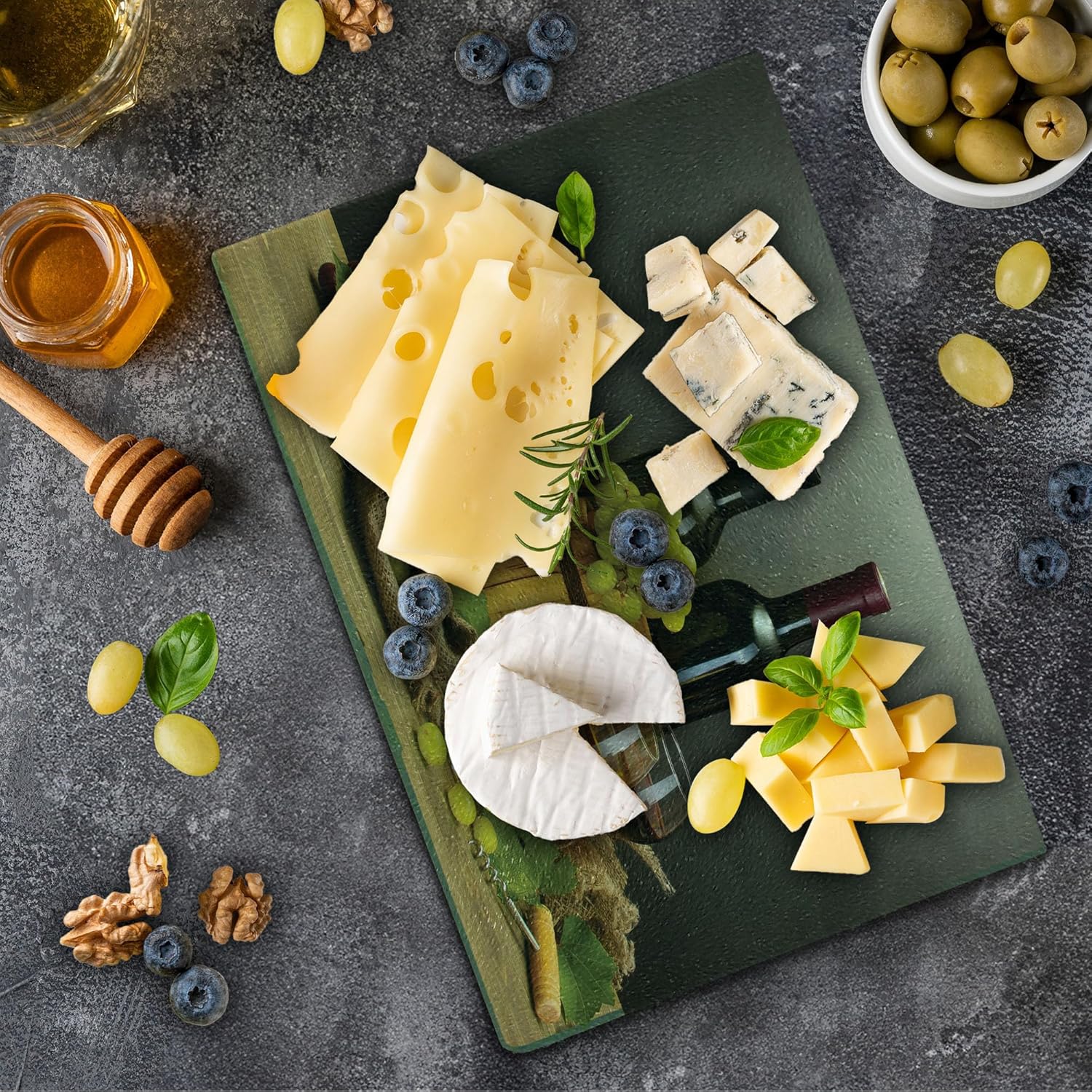 Ambesonne Winery Cutting Board, Barrel Bottles and Glasses of Wine and Ripe Grapes on Wooden Table Picture Print, Decorative Tempered Glass Cutting and Serving Board, Small Size, Grey Taupe