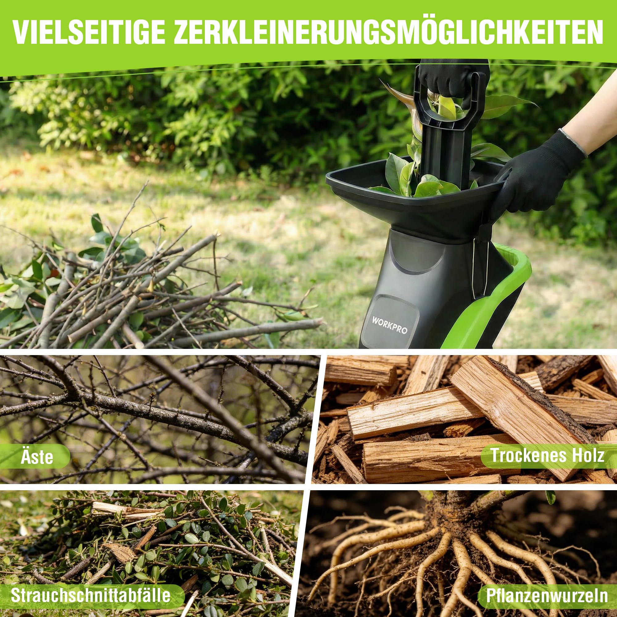 WORKPRO Elektrischer Gartenhäcksler 2500W, Messerhäcksler für Äste bis 44 mm, 4300 U/min, 2 x 45 L Sammelbeutel