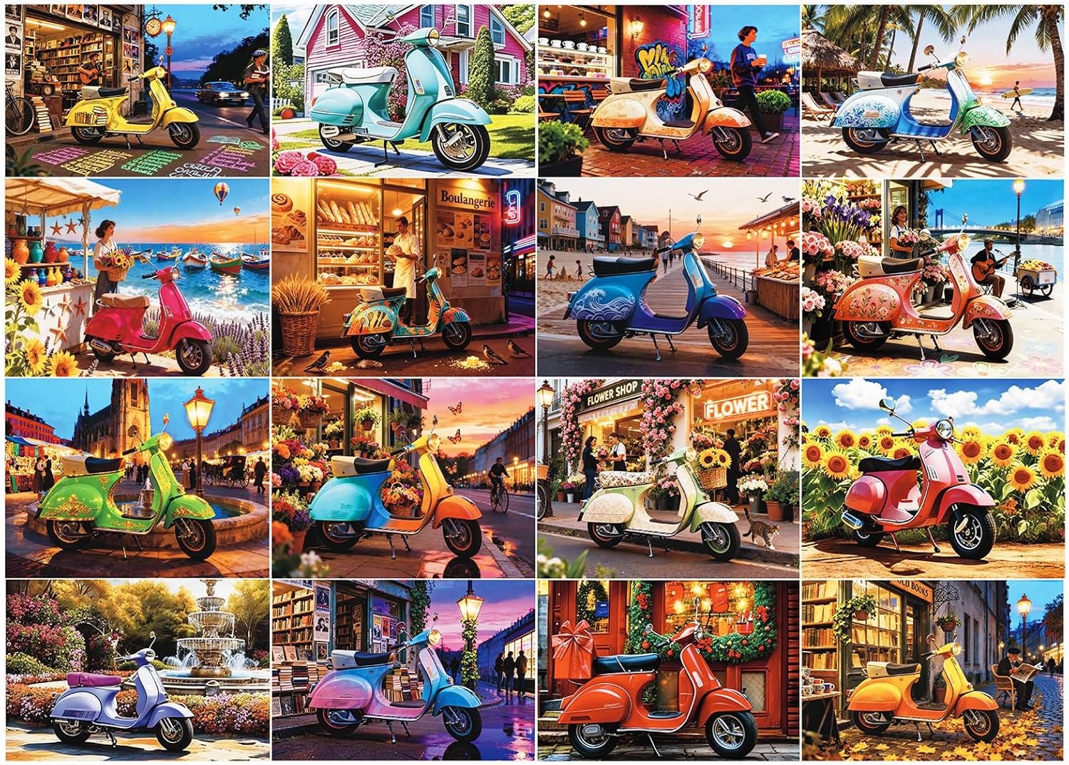 Scooter Journey Puzzles for Adults 1000 Pieces, 16 Electric Vehicle Landscape Puzzles, Impossible Hard Fun Challenging Jigsaw Puzzles for Adults, Art Travel Pretty Sunset Flower Shop Beach Puzzles