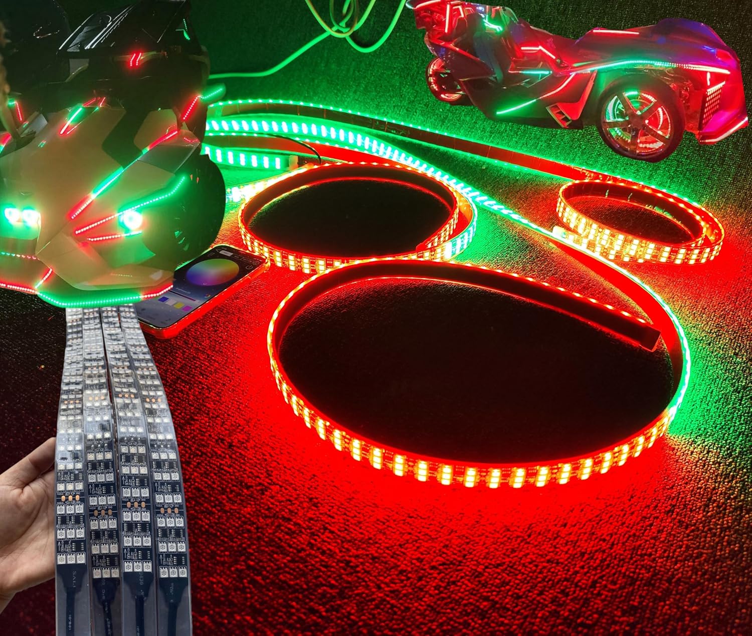 4PCS 4FT (1.2M) Triple Row RGB Dream Color Chasing Flow LED Strips | for 15.5" Wheel Lights, Car, Truck, Polaris Slingshot, Off-Road Underglow, APP + Remote | Lights for Slingshot