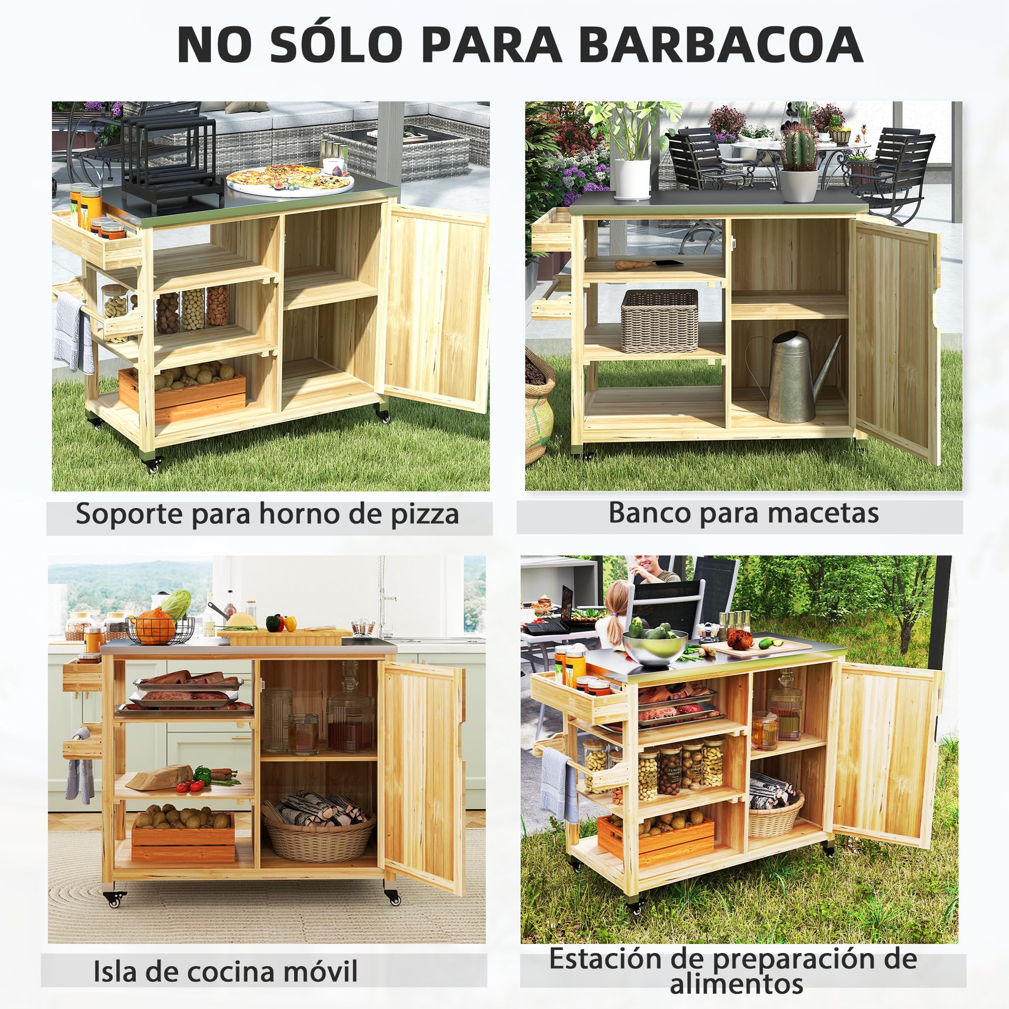 Outsunny Carrito de Parrilla Carrito de Barbacoa con 4 Ruedas Carro de Servicio de Madera Encimera de Acero Inoxidable Toallero y Especiero Estantes Armario para Patio Jardín 134,5x50x91,5 cm Natural