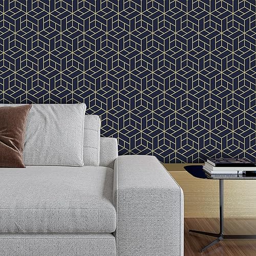 Miniatura 2 de VaryPaper Papel tapiz geométrico hexagonal azul marino de 17.7 x 78.7 pulgadas, para pegar y despegar, papel de contacto geométrico decorativo para