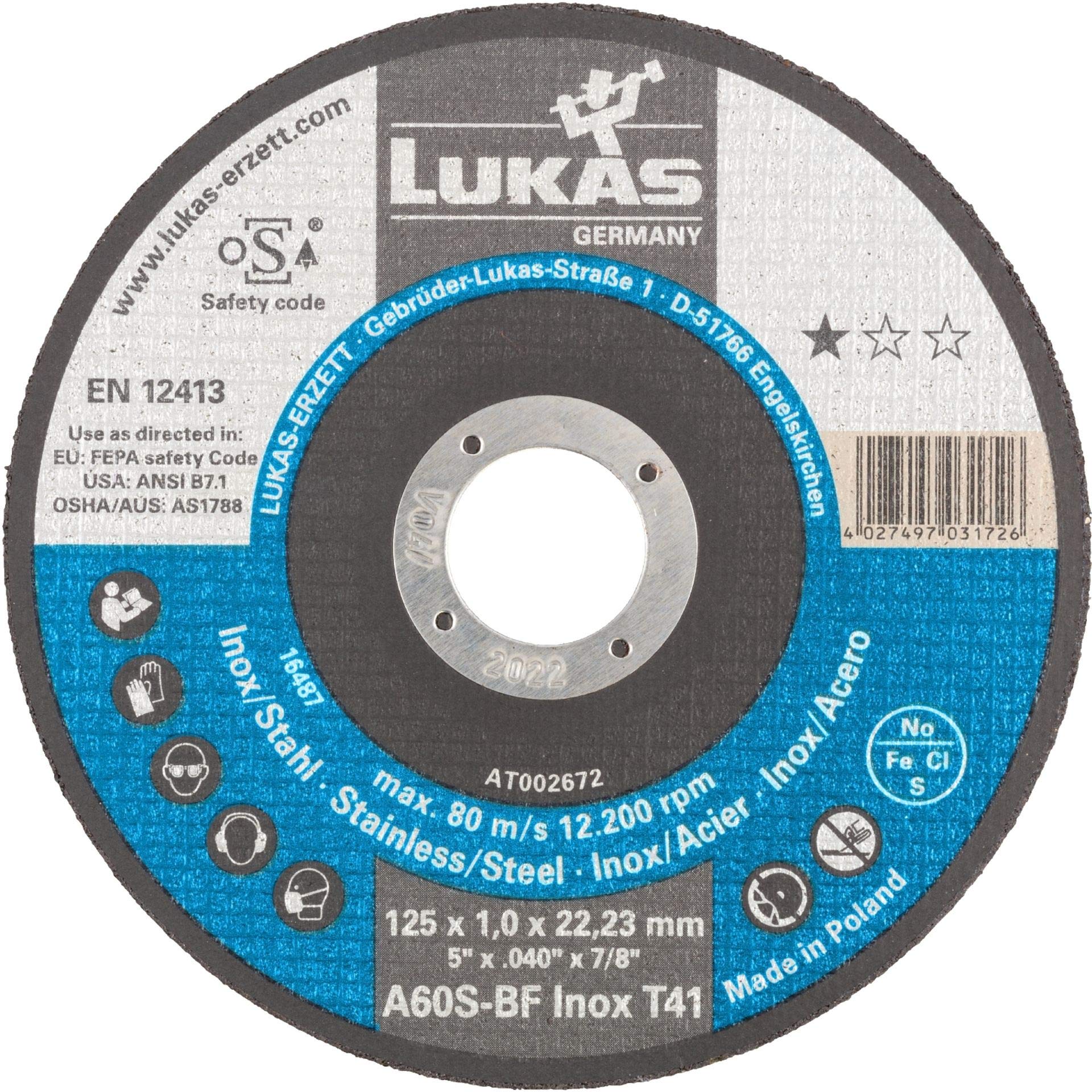 LUKAS - Disco da taglio T41 per acciaio inox, 125 x 1 mm, dritto, per smerigliatrice angolare, A60S-BF