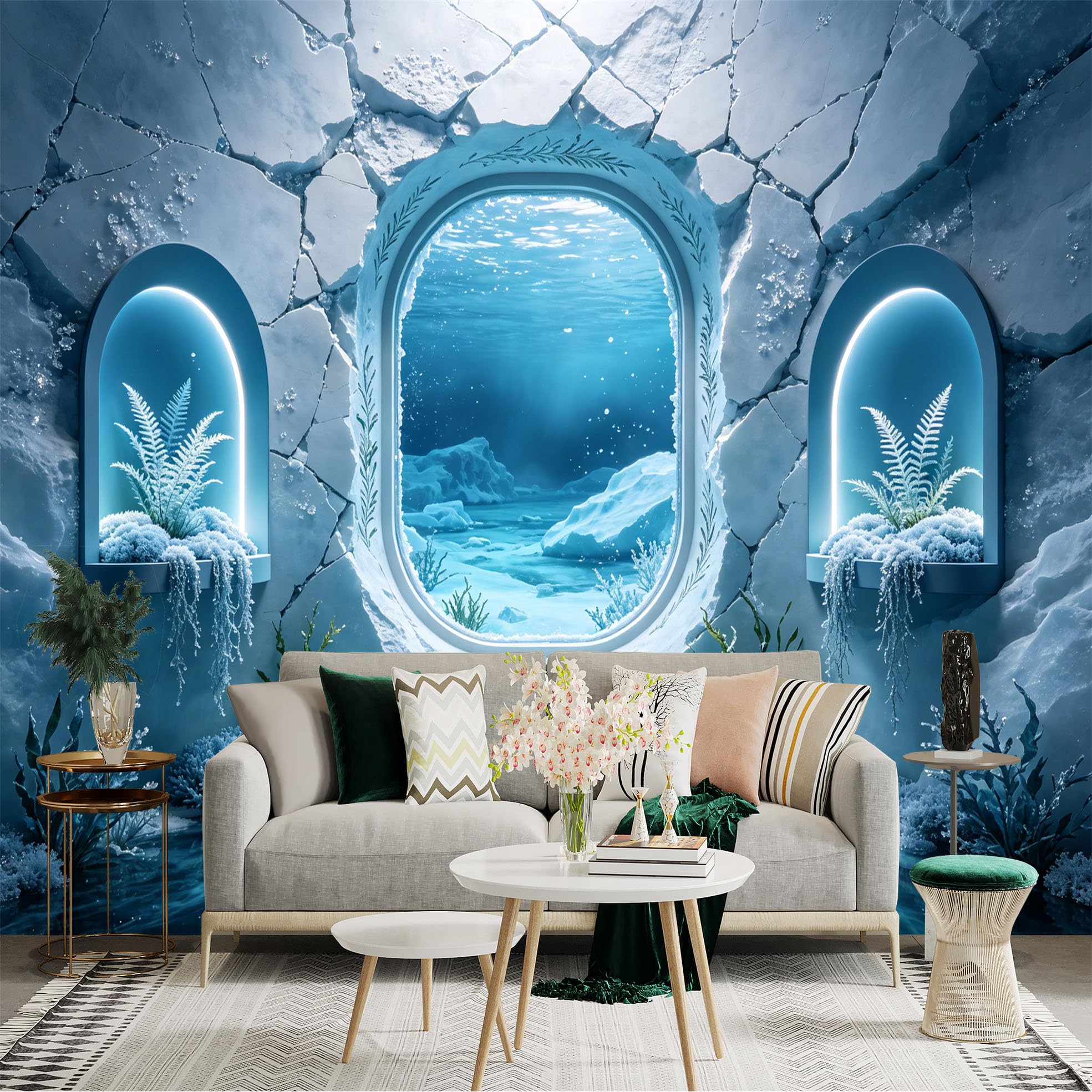 Custom Size Wall Sticker Mural， Underwater Ice Cave Window with Coral and Frozen Plants， for wall Decoration， peelandstick wall Decals.