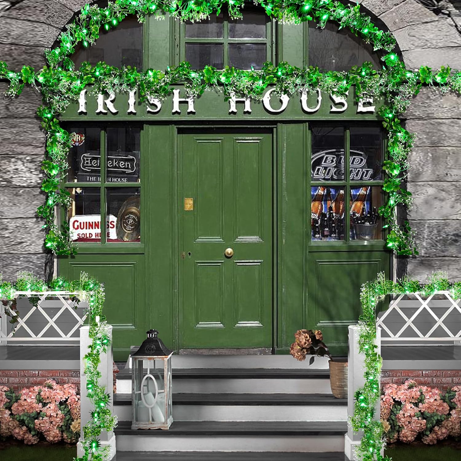 BlcTec 2Pack 9.85 Ft St Patrick's Day Garland with 50 LED Green Lights, Battery Operated Irish Garland String Lights with 8 Lighting Modes & Waterproof for Home, Porch, Front Door, Table, Mantle Décor