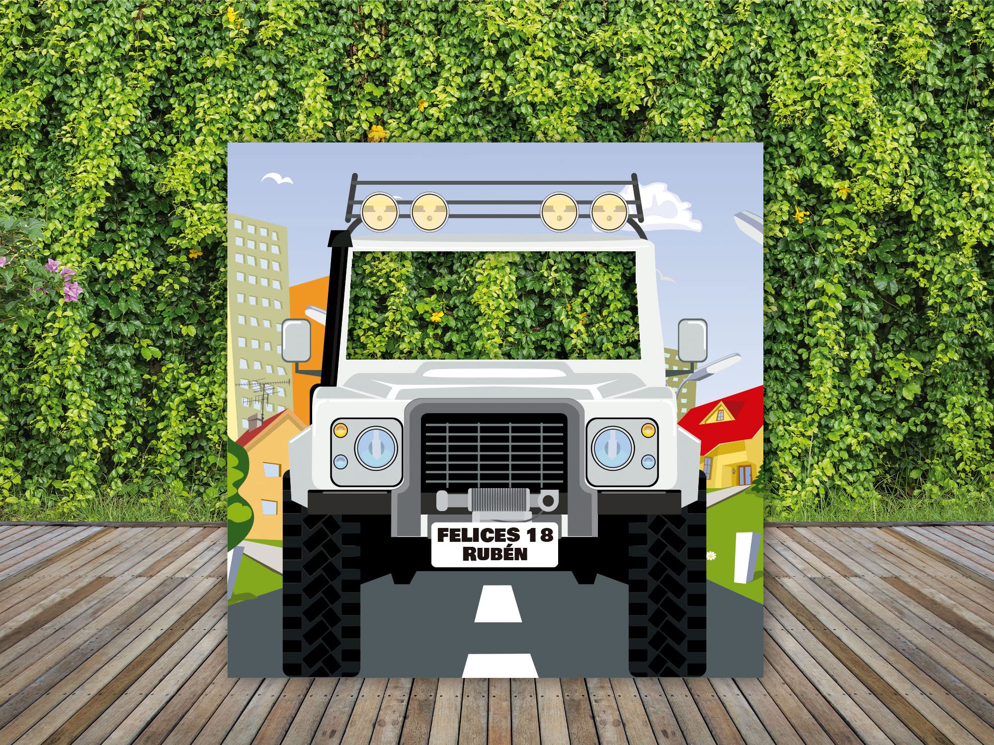 Oedim Photocall en Cartón Coche Blanco Ciudad Personalizado Cumpleaños, 140x140cm, Photocall Decorativo para Eventos o Celebraciones puntuales, Photocall Divertido