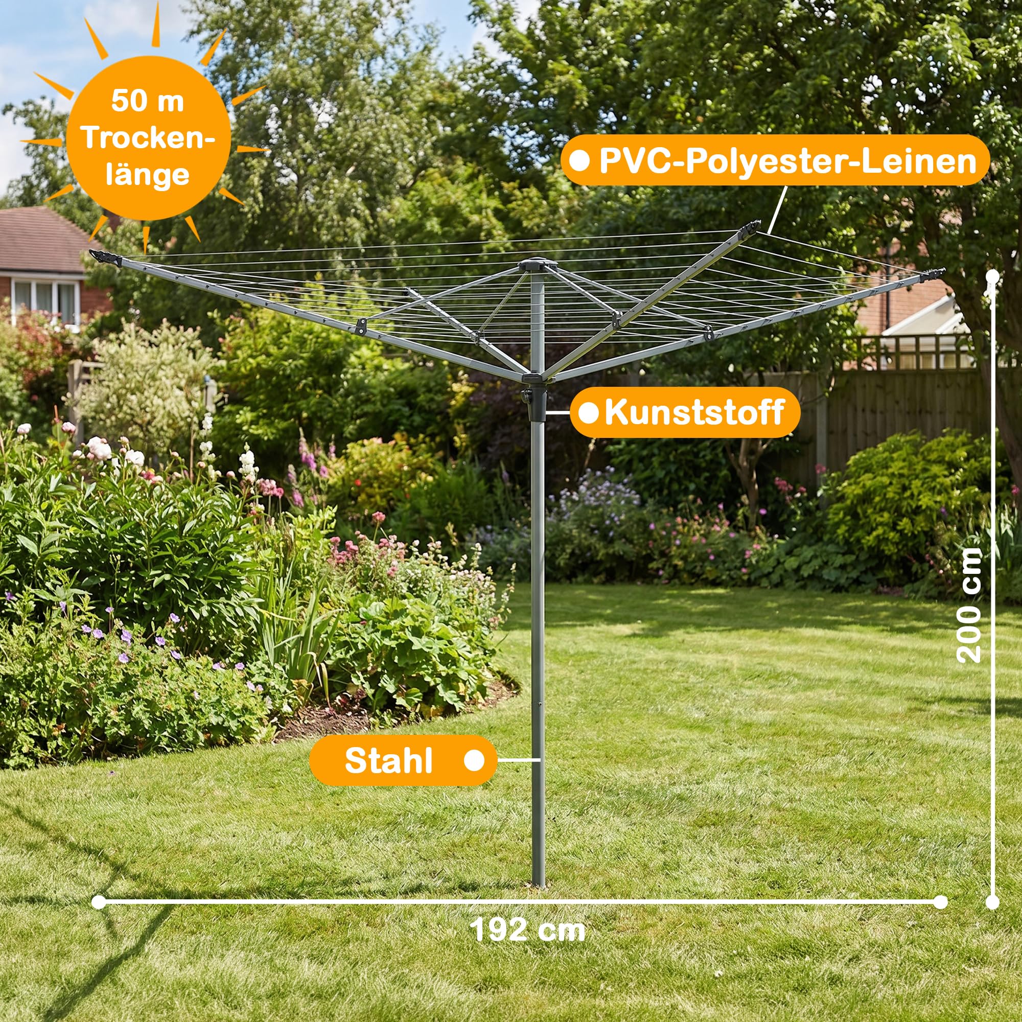 Wäschespinne 50 m mit Schutzhülle & Bodenhülse, Aluminium Wäscheständer bis 50 kg, höhenverstellbar, Wäschetrockner Garten