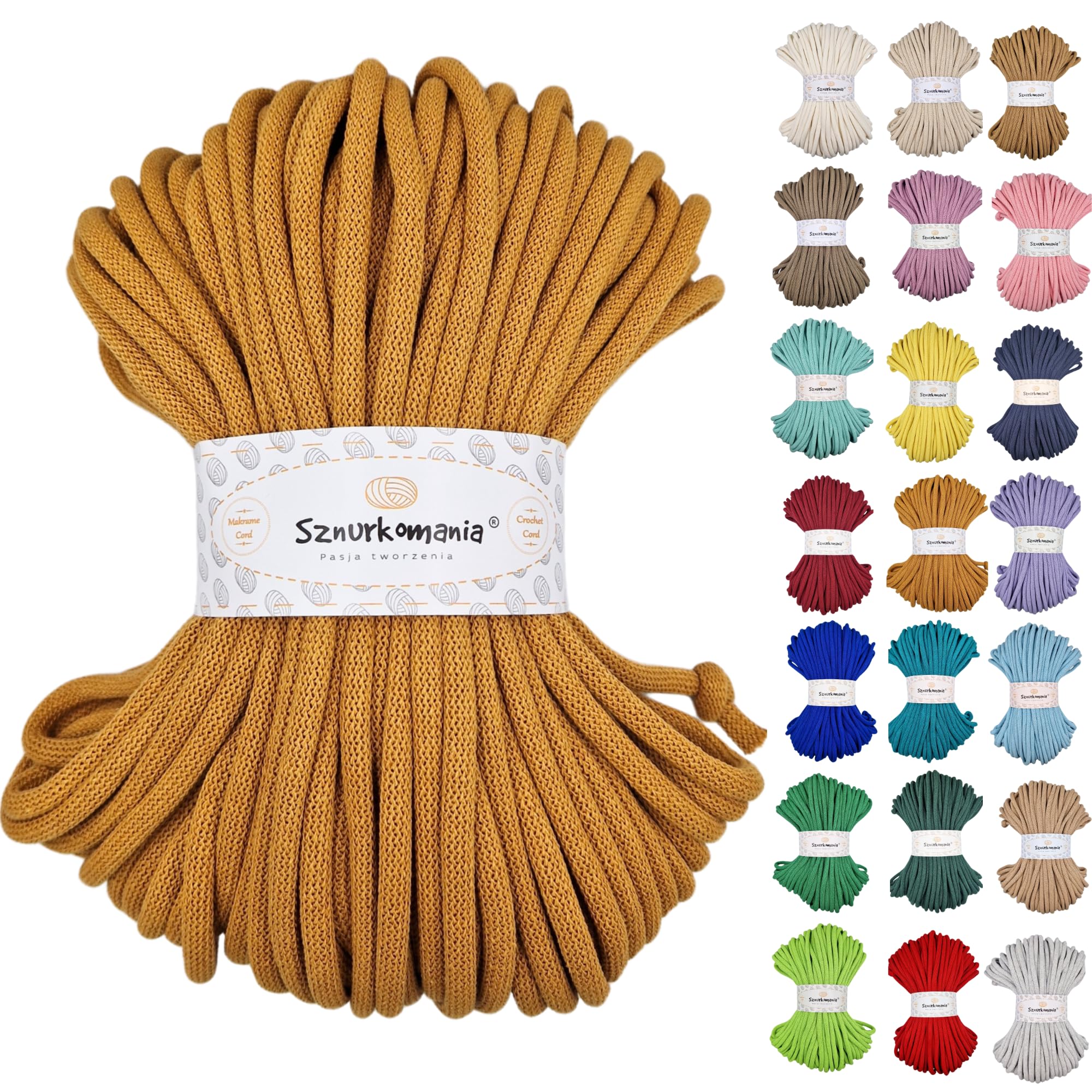 Sznurkomania, Cotton Cord 9mm 50m, Many Colors, Macrame Yarn, Cotton Yarn, Braided Cotton Cord 9mm with Core, Macrame Cord, Crochet Cord, Cord 9mm, Crocheted Bag (Mustard)