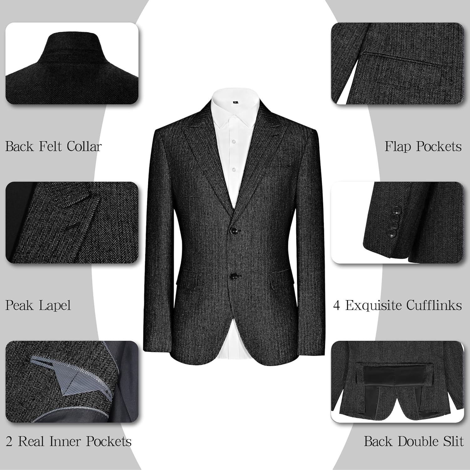 Mens Blazer Retro Herringbone Tweed Suit Jacket Men Wool Blend 2 Button Peak Lapel Men Sport Coats for Wedding Prom - Image 6