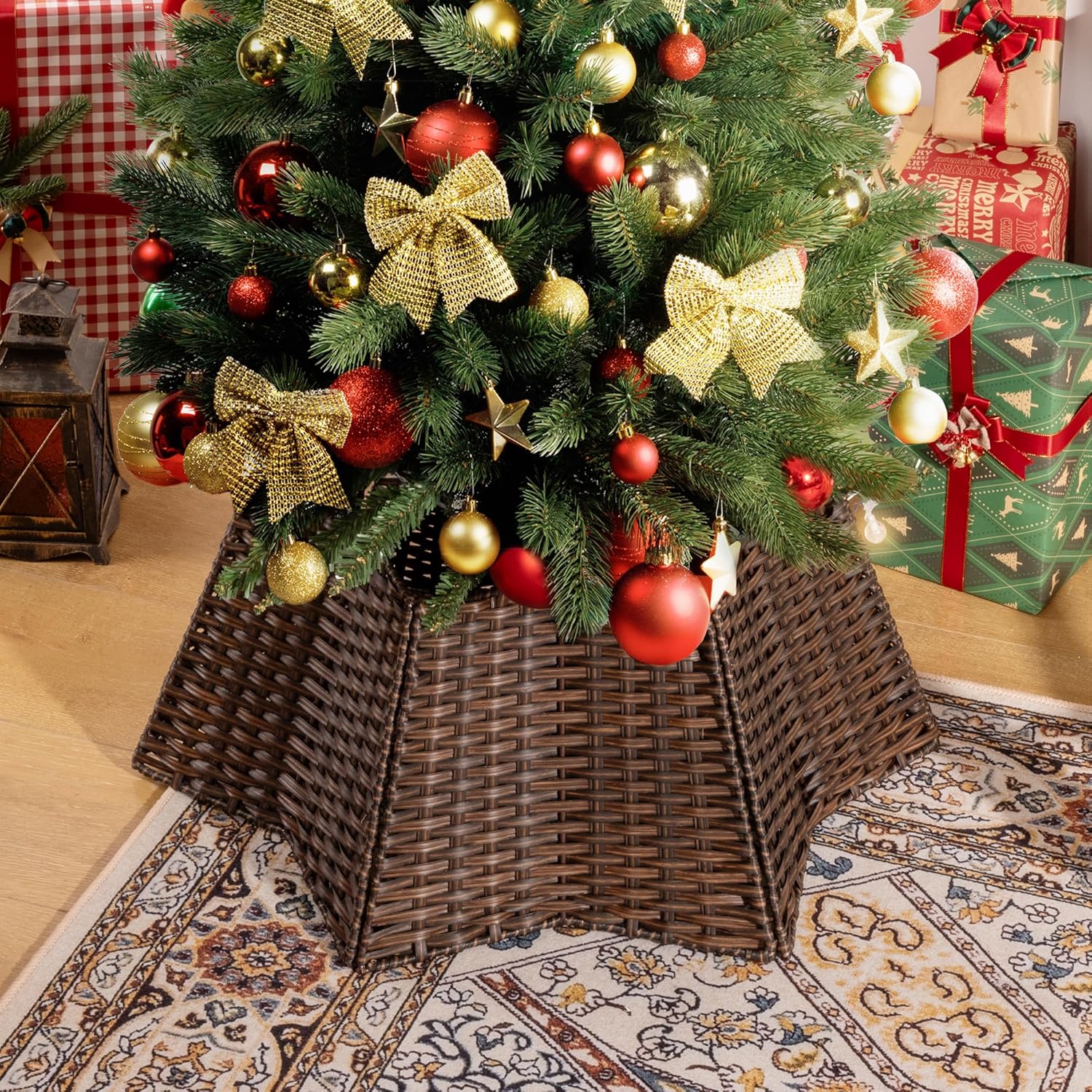 GRANNY SAYS Tree Collar for 7.5ft Tree, Christmas Wicker Tree Collar, 24" D Christmas Tree Skirts, Decorarive Tree Stand for Champagne Tree, Woven Basket for Bottom of Christmas Tree Dark Brown 24" Hexagon
