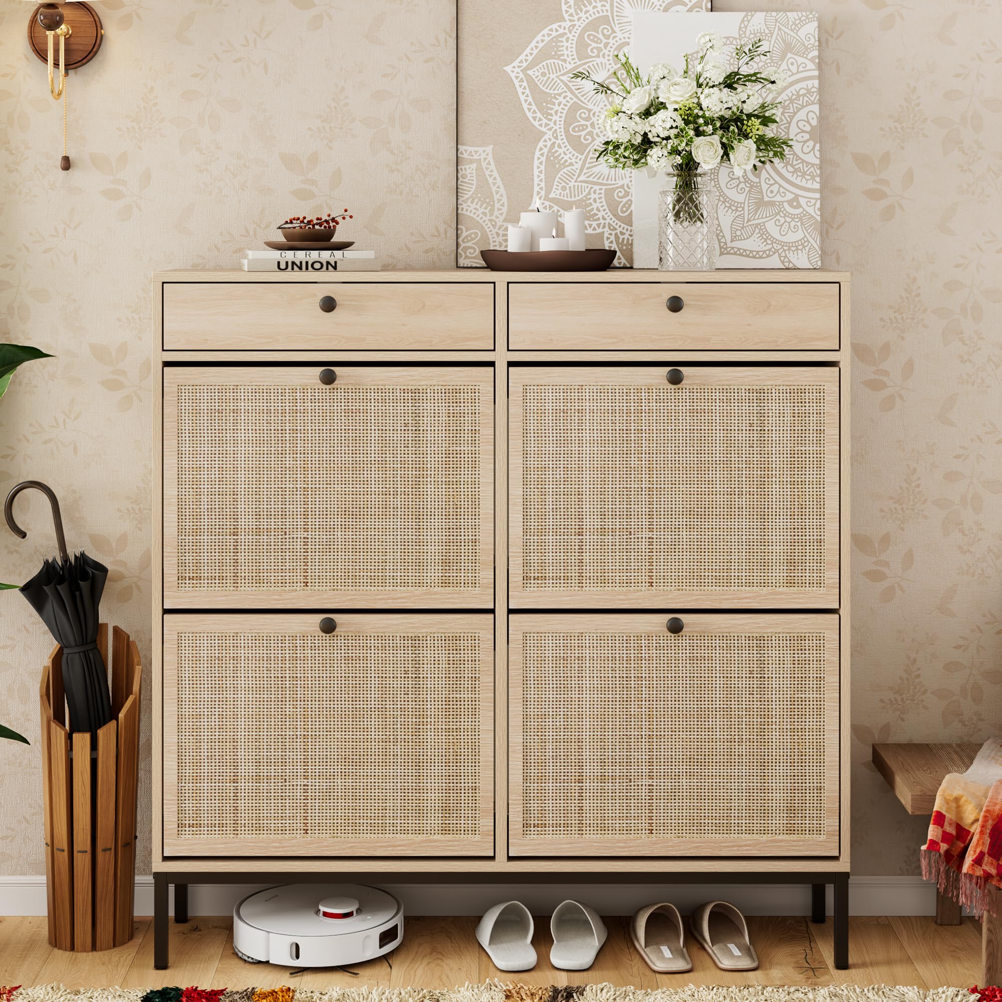 XIAO WEI Shoe Cabinet, Large Natural Rattan Shoe Storage Organizer Cabinet with 4 Flip Drawers, Freestanding Shoe Rack with Adjustable Shelf for