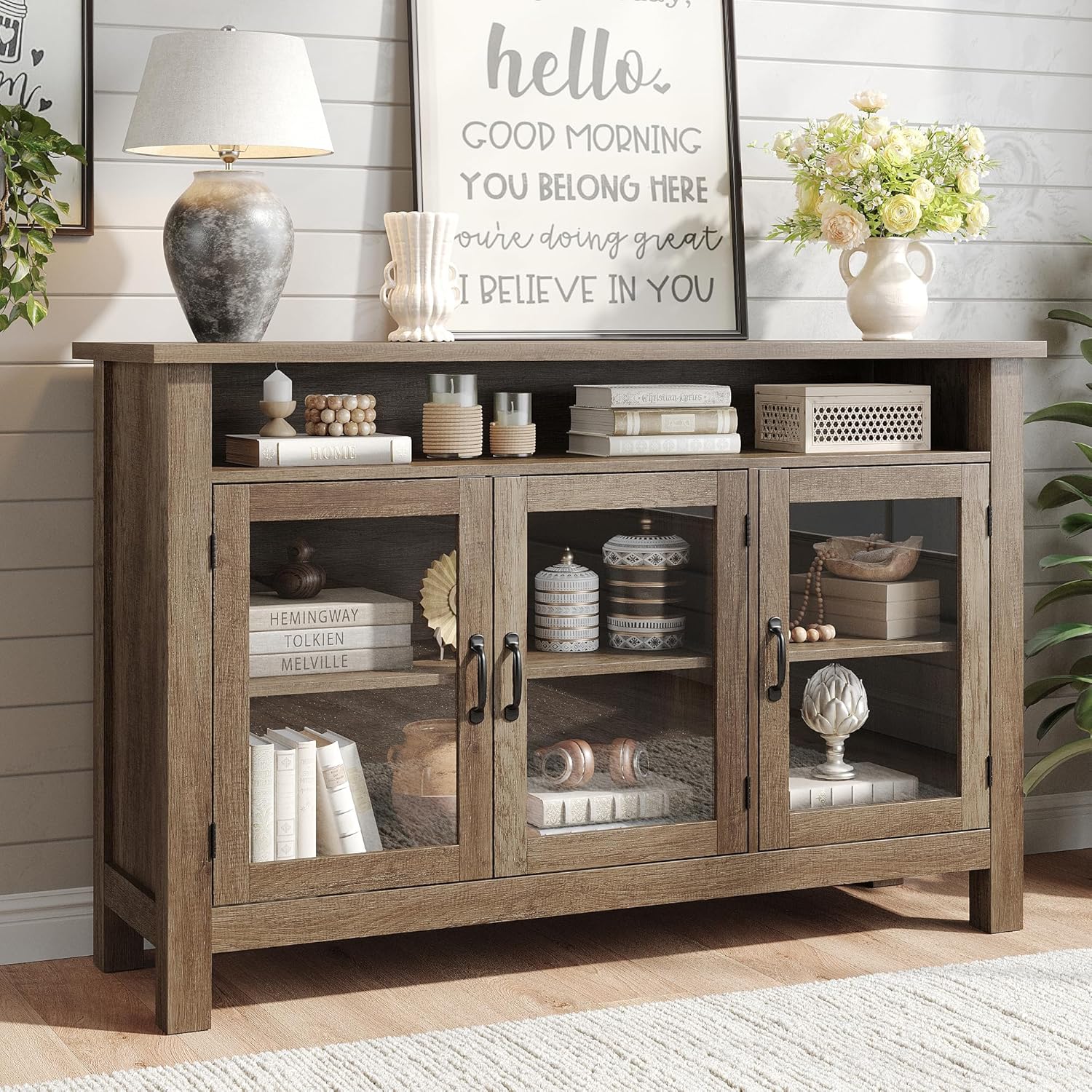 55.5" Glass Door Buffet Cabinet with Storage, Modern Farmhouse Sideboard Credenza Kitchen Storage Display Cabinet with Adjustable Shelves, Wood Coffee Bar Console Table for Dining Room, Living Room