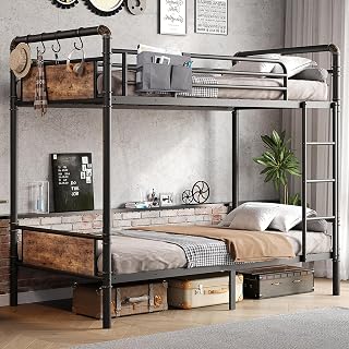JOCOEVOL Twin Over Twin Metal Bunk Bed, Heavy Duty Industrial Steel Frame, Convertible 2-in-1 with Guardrails & Storage, Vintage Brown