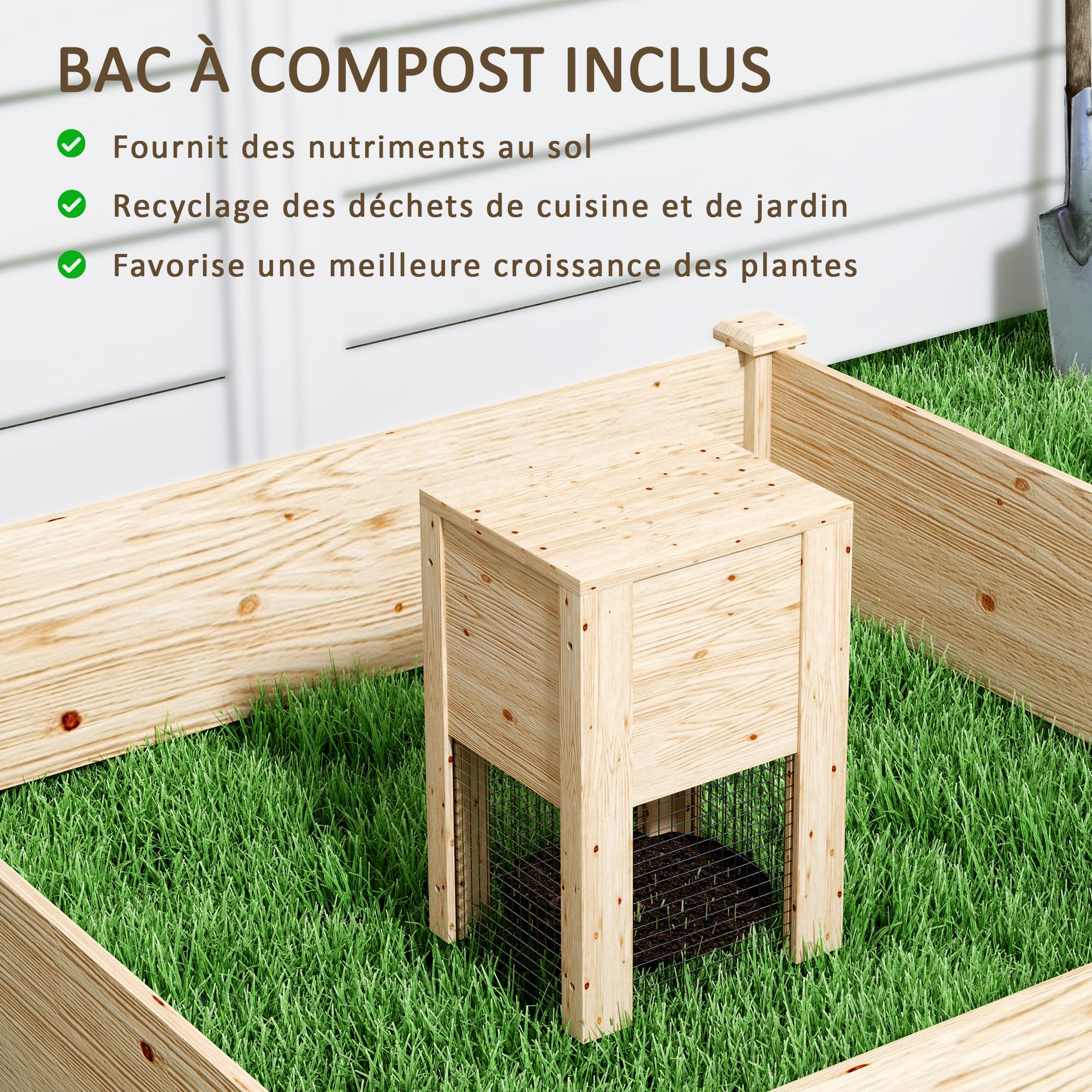 Outsunny Jardinière en Bois Carré Potager 123 x 123 x 25,5 cm Bois Naturel
