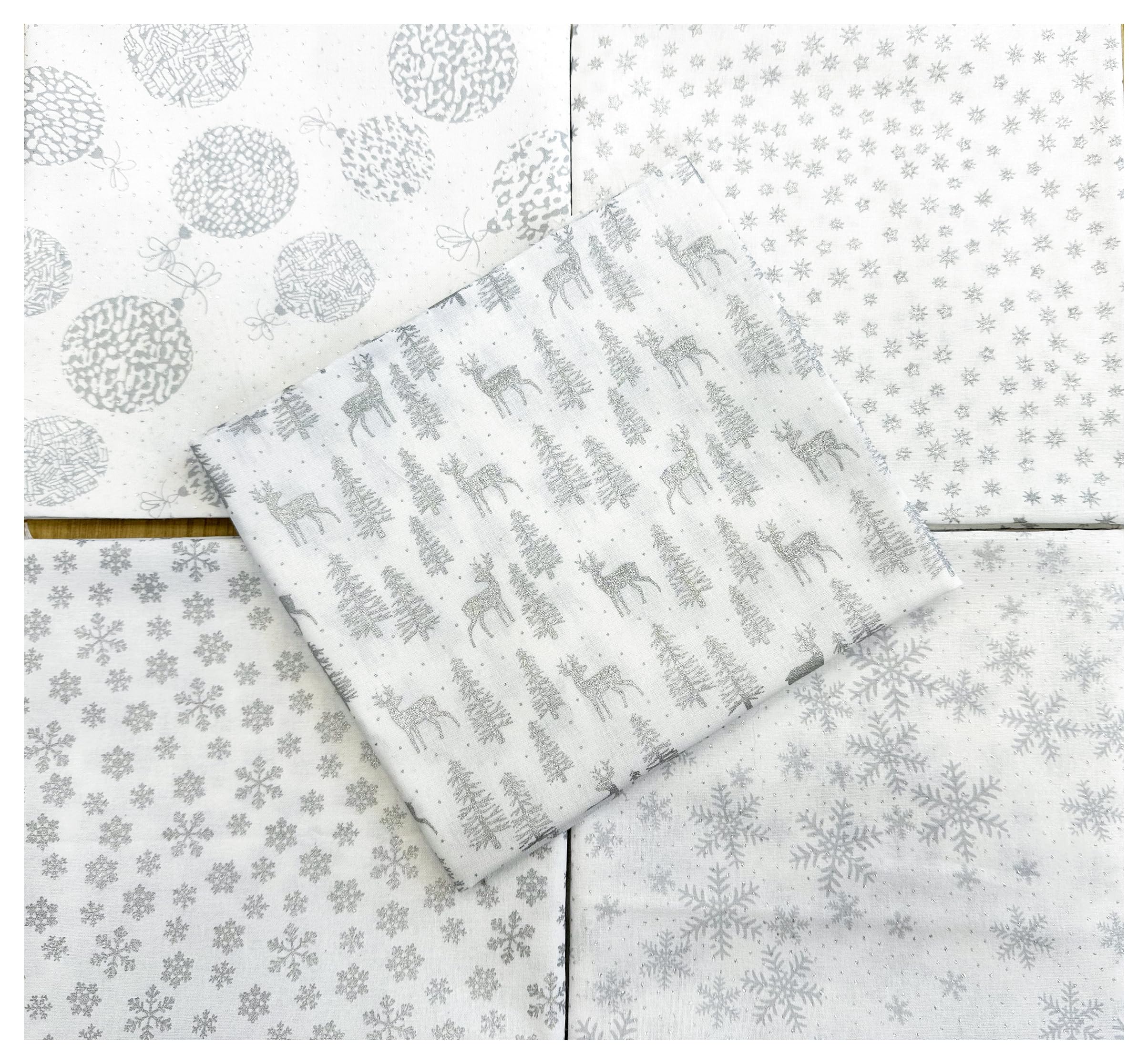 Christmas Fabric - White Silver Glitter Stars Snowflakes Baubles Reindeers - Fat Quarter Bundle Fabric Mix