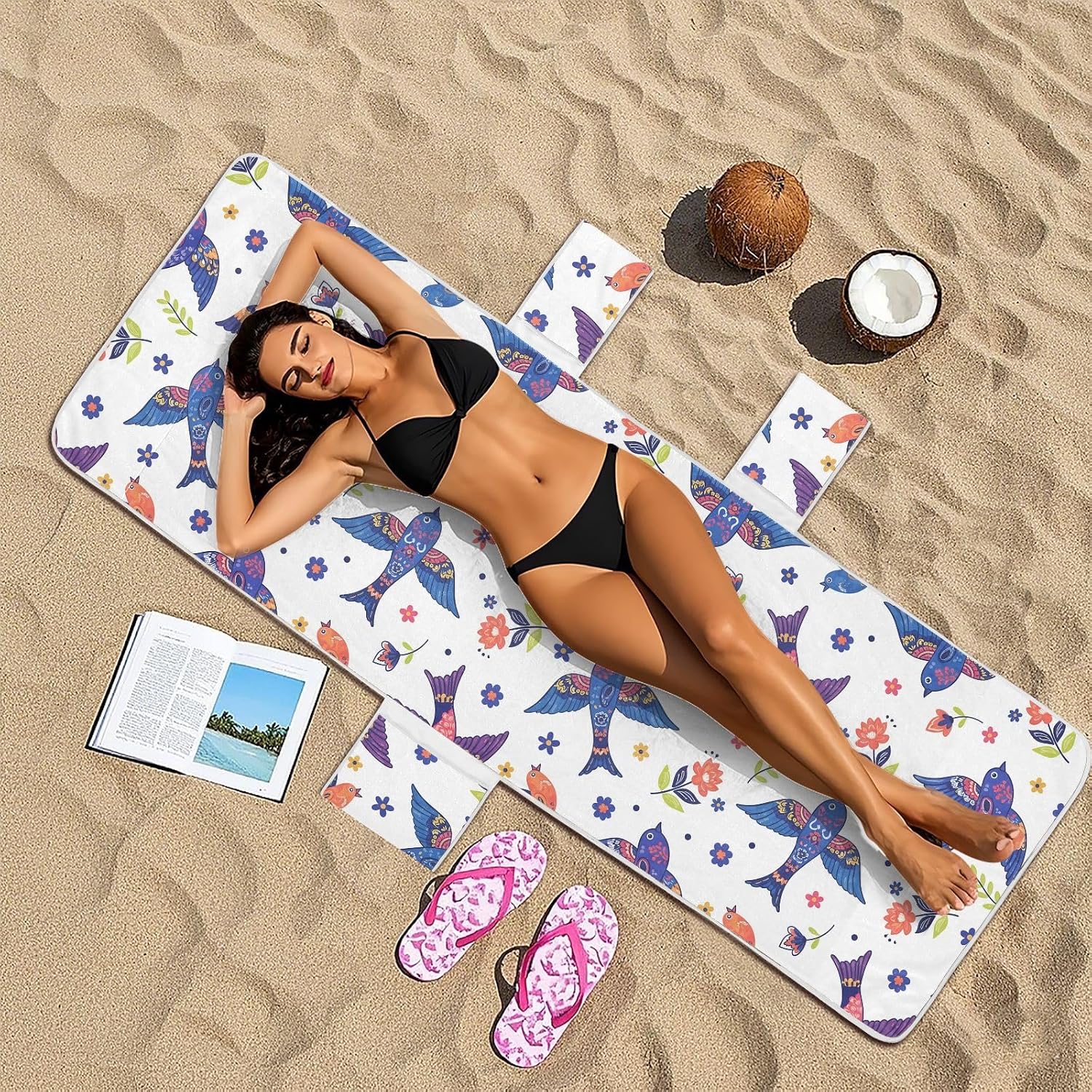 Cartoon Bird Lounge Chair Towel Cover with Side Pockets – 85x30in Foldable Chaise Cover for Beach, Pool, Patio, Spa