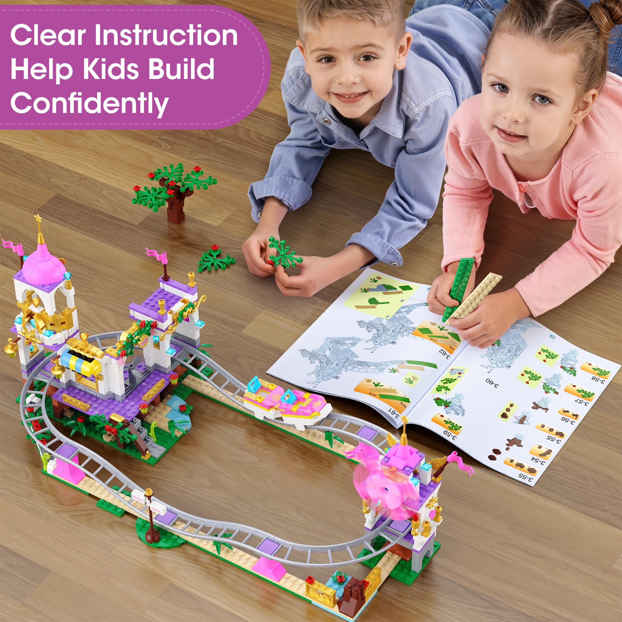 Prinzessin Castillo Montaña Rusa Set de Construcción, 749 PCS Rosa Parque de Atracciones Juguete Carnaval con Casa del Árbol Friends, Molinillo, Regalo para Niñas Chicas de 6+, Pascua, Navidad