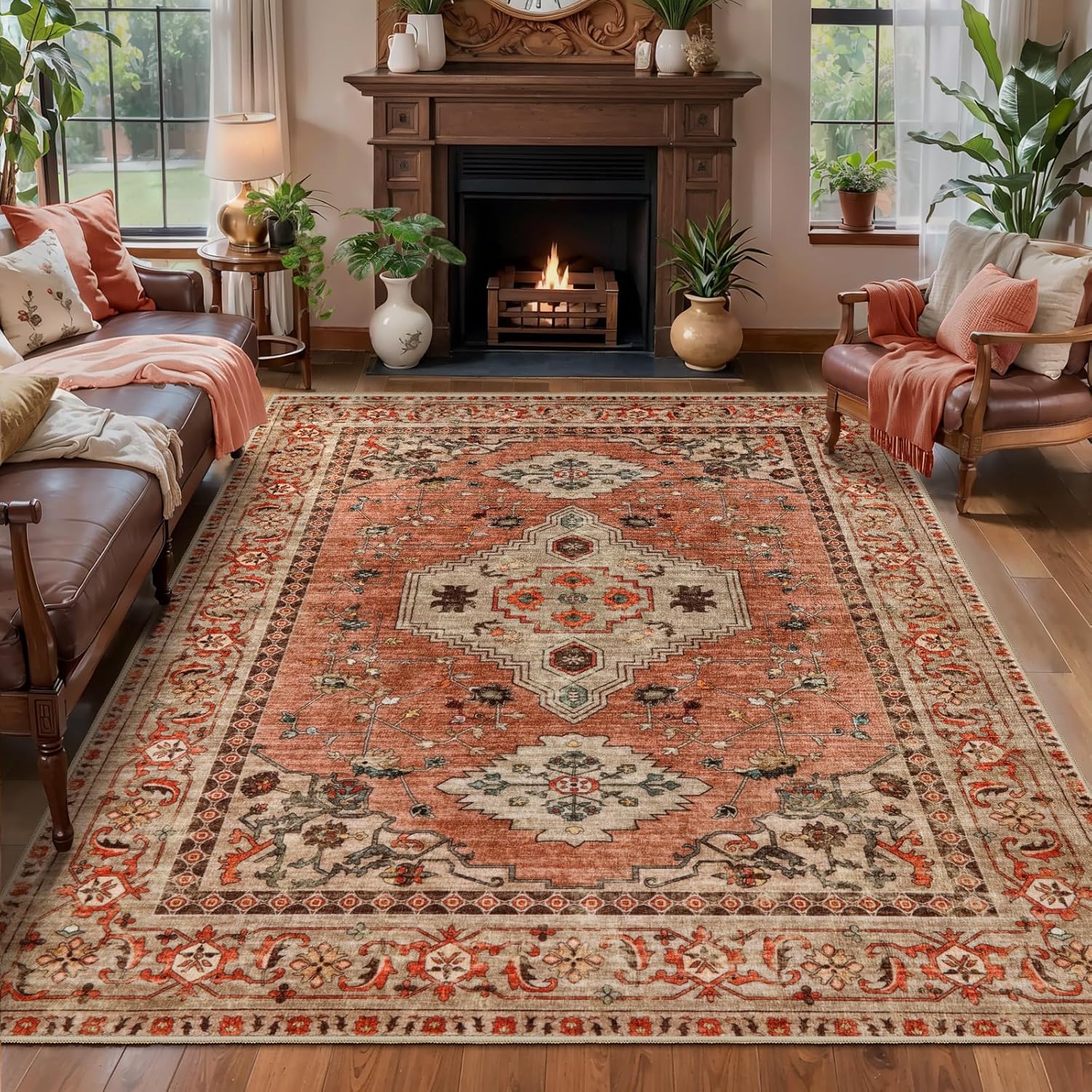 Boho Rug 4x6 Area Rug, Washable Vintage Indoor, Oriental Non Slip Distressed Terracotta Carpet, Machine Washable Rug, Soft Low Pile Rugs Foldable Floor for Dining Room Bedroom Living Room