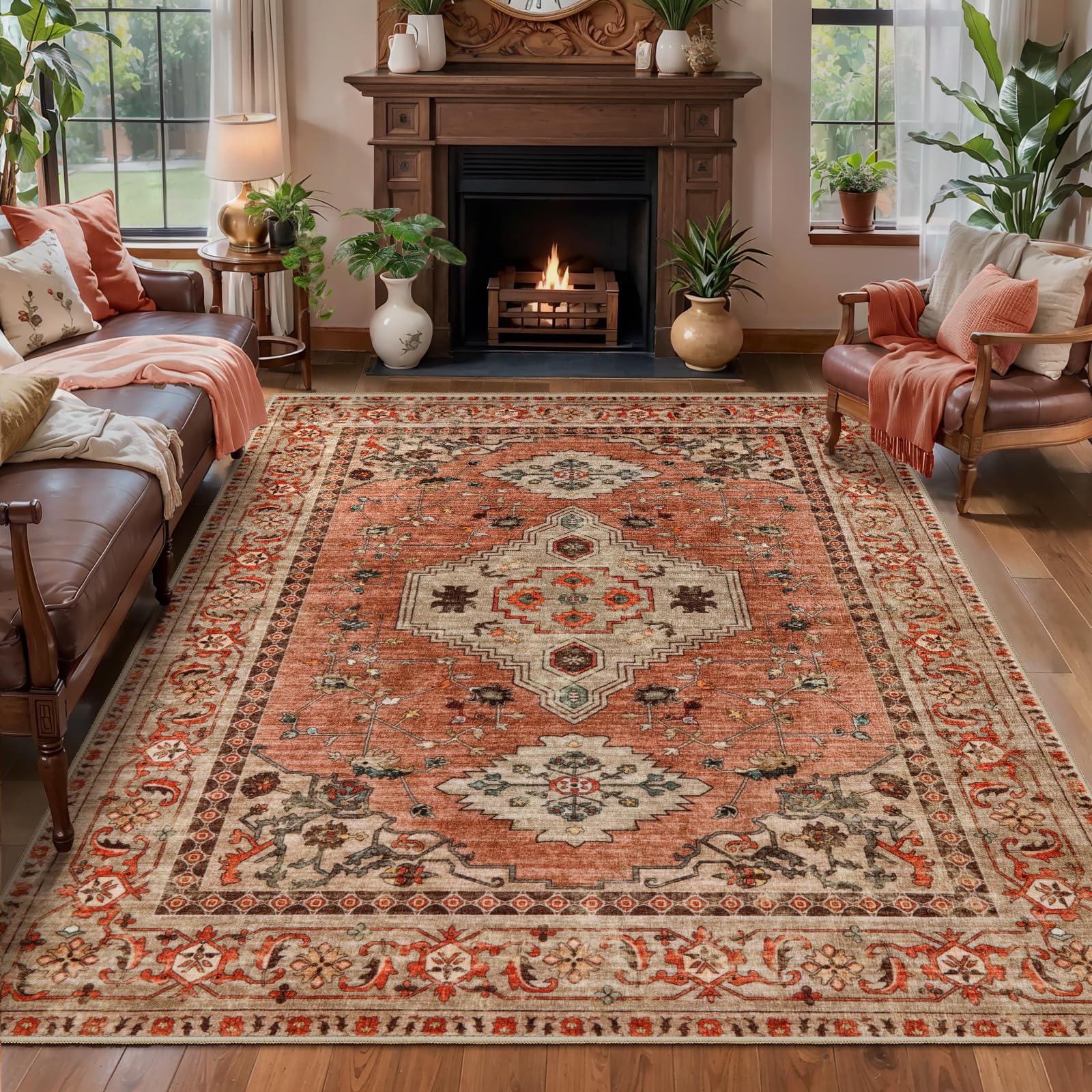 Boho Rug 4x6 Area Rug, Washable Vintage Indoor, Oriental Non Slip Distressed Terracotta Carpet, Machine Washable Rug, Soft Low Pile Rugs Foldable