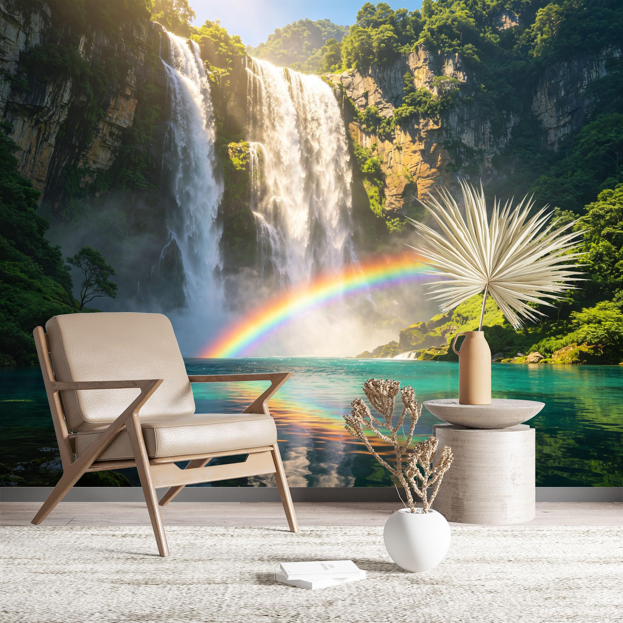 Custom Size Wall Murals Forest Waterfall Rainbow Wall Murals Nature Wallpaper Full Wall Self-Adhesive Removable Wallpaper for Living Room Bedroom