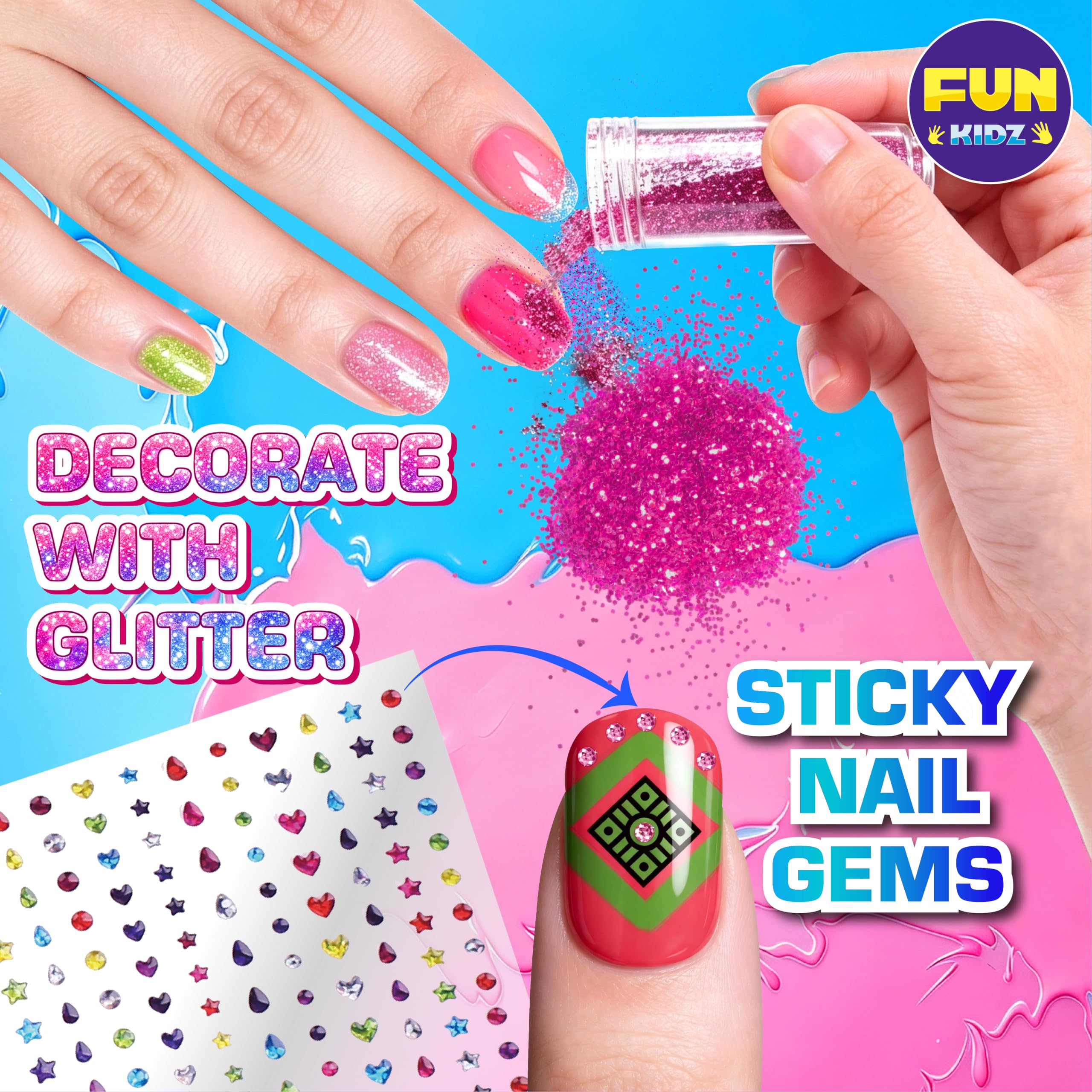 FunKidz - Juego de esmaltes de uñas para niños con 3 en 1 para esmaltes de uñas con purpurina y accesorios de decoración pegajosa