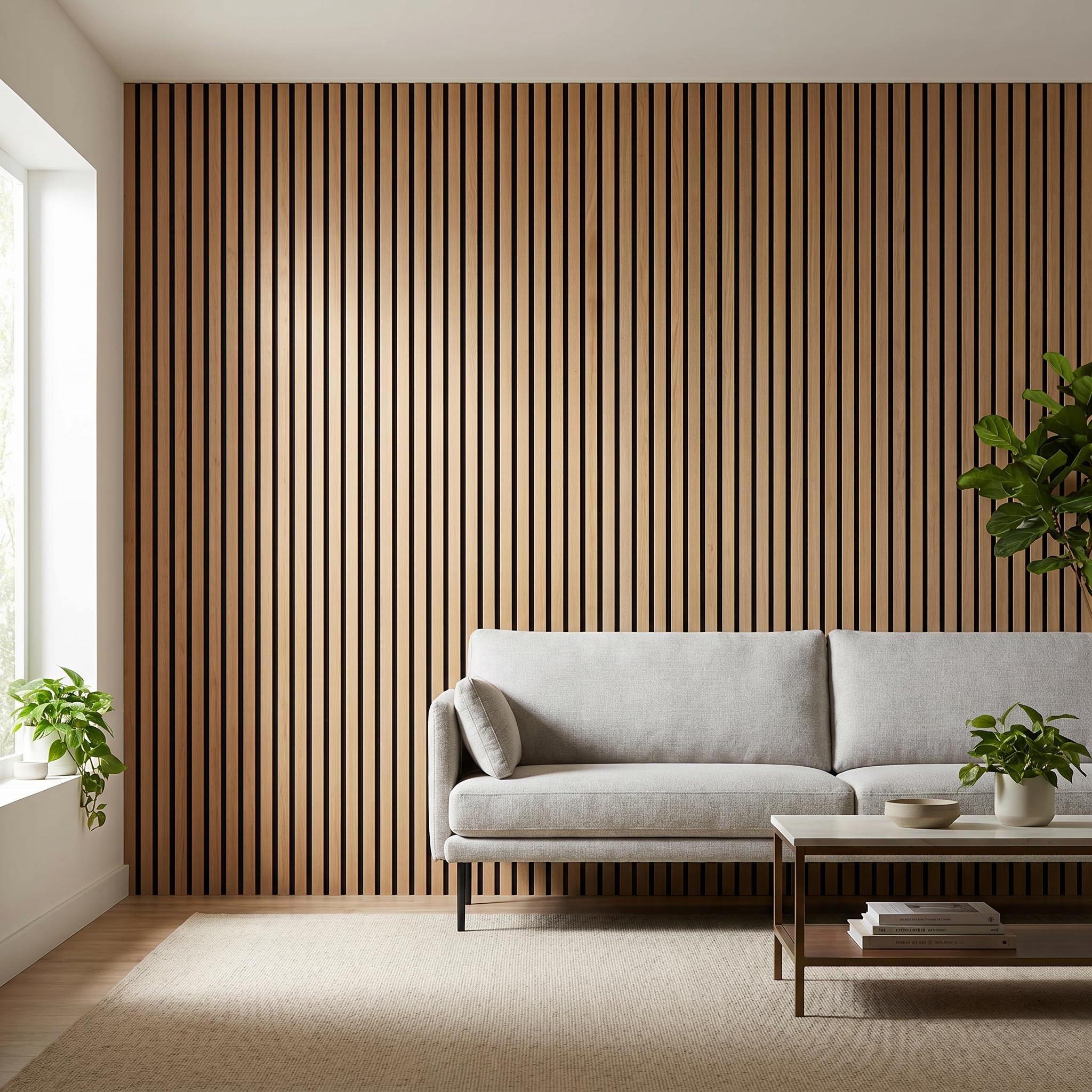 3D Akustikpaneele 120 x 60 x 2,2 cm, Holz Optik Paneele, Wandpaneele in Holzoptik als Schallabsorber, Panels für Wohnzimmer, Küche, Schallschutz, Studio, 4 Stück (Weißer Eiche)