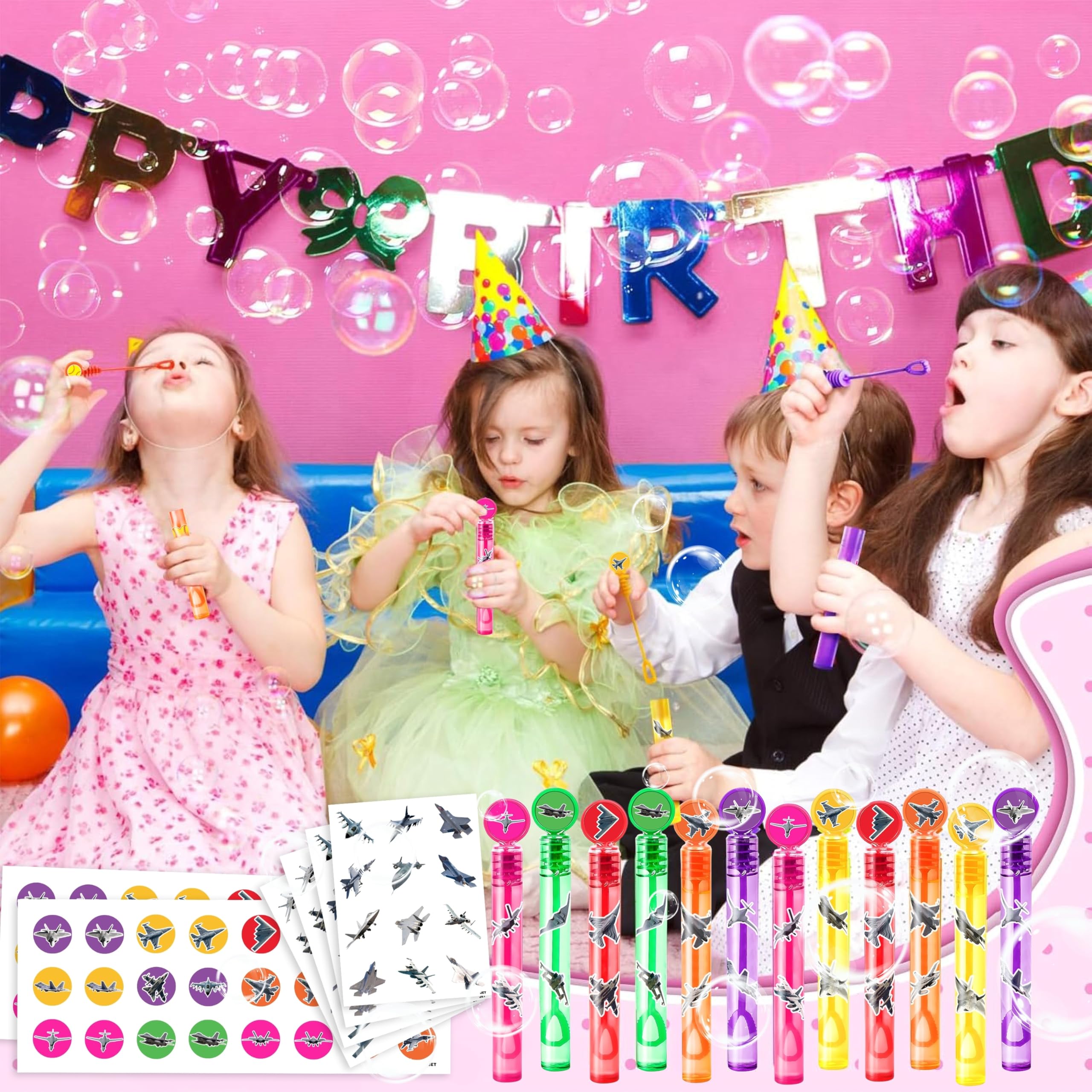 24PCS Jet DIY Bubble Wands with 96PCS Stickers - Party Favor for Goodie Bags, Pinata Stuffers, Mini Bubble Bulk Birthday Supplies, Toys Gifts, Class Prizes for Toddlers, Boys & Girls