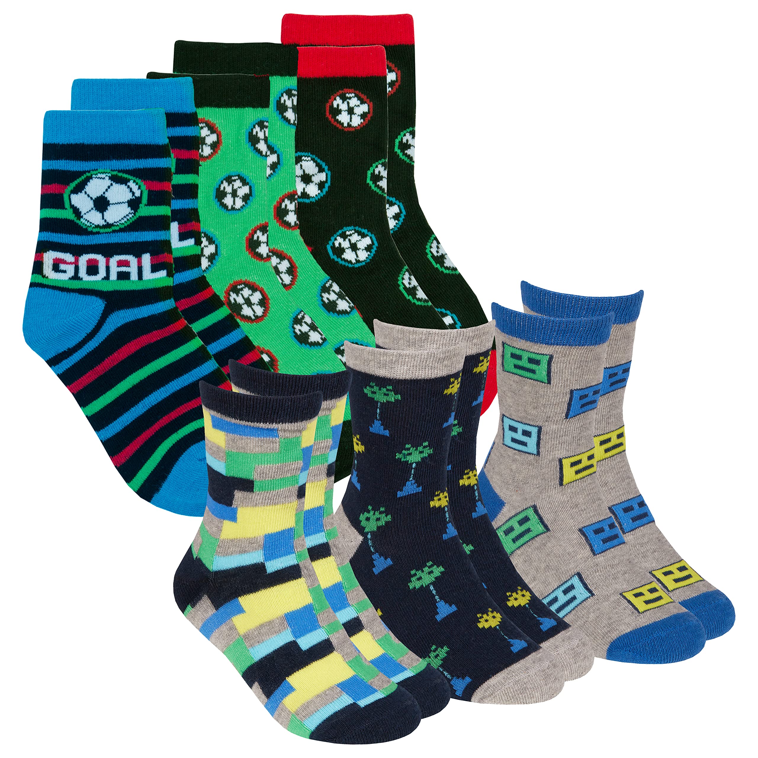 Metzuyan Kids Boys 6 Pairs Crew Socks Cotton Rich Novelty Cartoon Print Mid Calf Sock Football Invaders 6-8.5