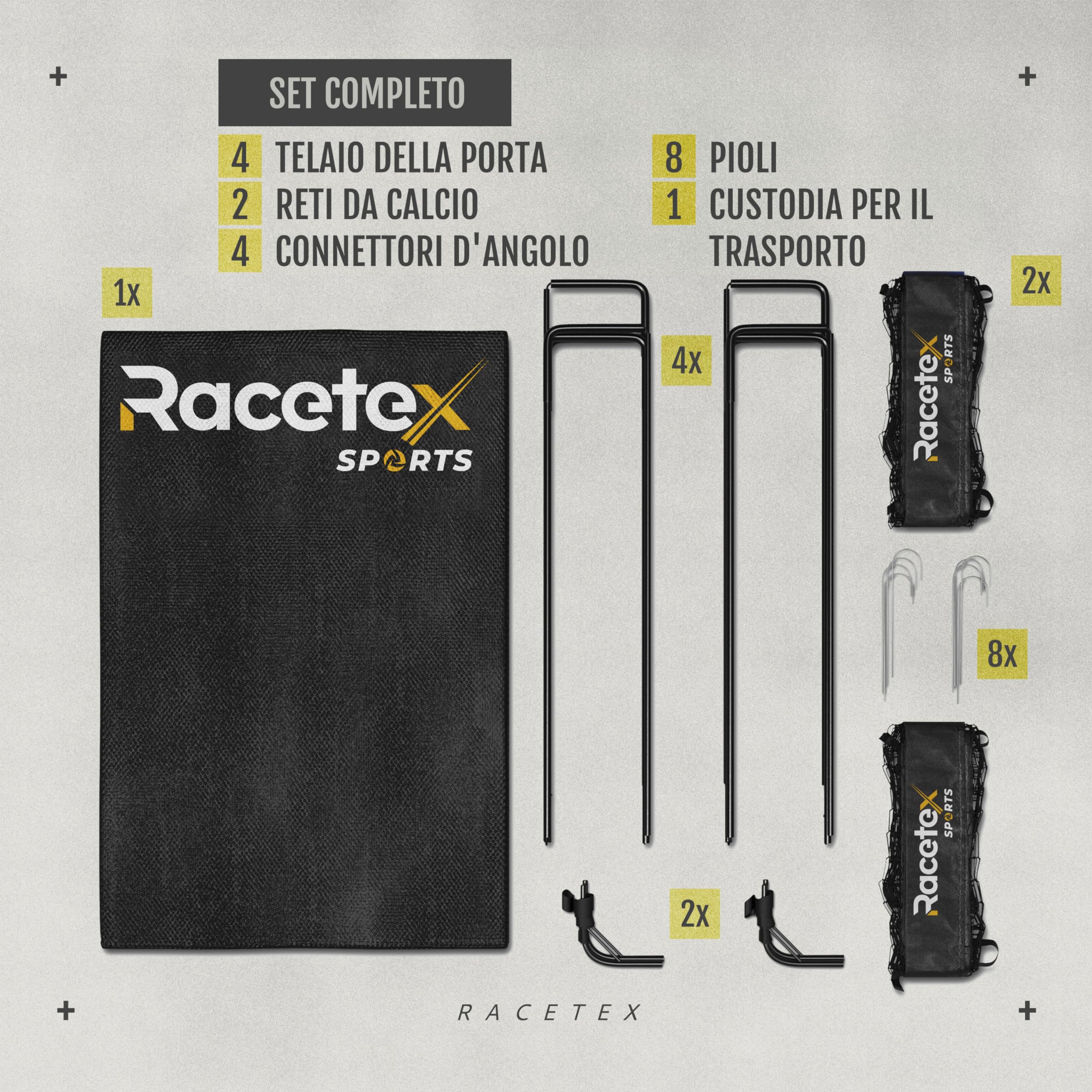 Racetex set di 2 porta calcio bambini - porte da calcio incluse in una pratica borsa per il trasporto - Versione con [ASTE RINFORZATE CON FIBRA DI VETRO] - porta per bambini