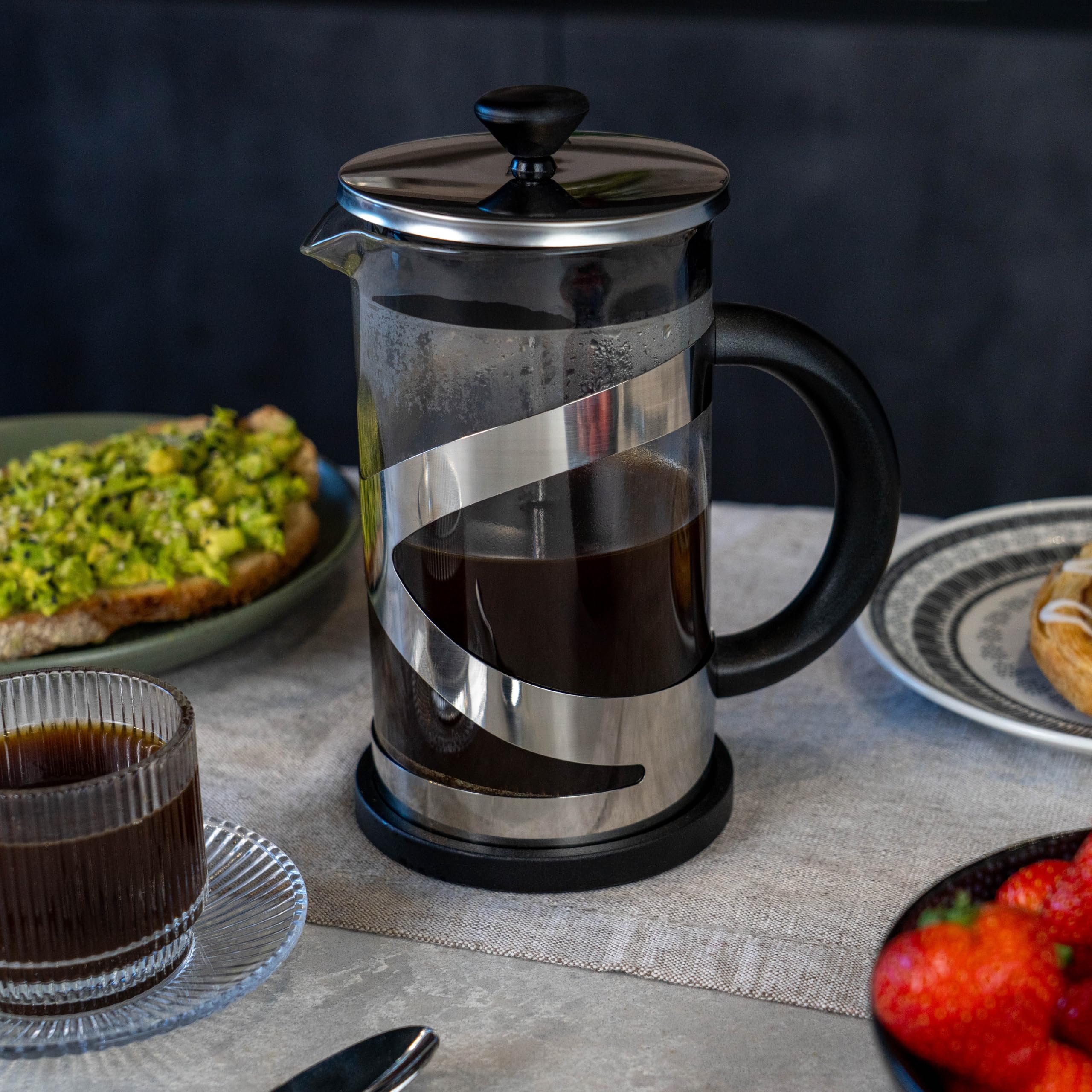 Café Olé Classico Caffettiera Cromata, 800 ml / 3 tazze / 6 tazzine da caffè, caffettiera francese, filtro in acciaio inossidabile, corpo in vetro, finitura cromata