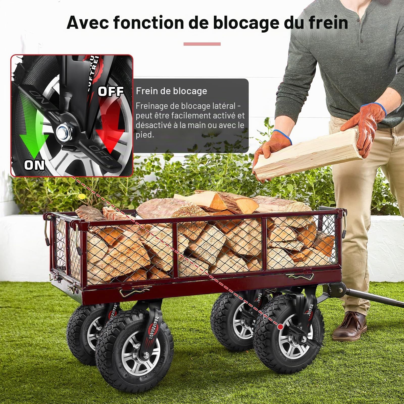 4 pièces de roulettes avec frein Ø 250 x 90 mm, roue pneumatique silencieuse sur roues en alliage d'aluminium avec amortisseur, pour chariot à bras et chariot de transport, capacité de charge 510 kg