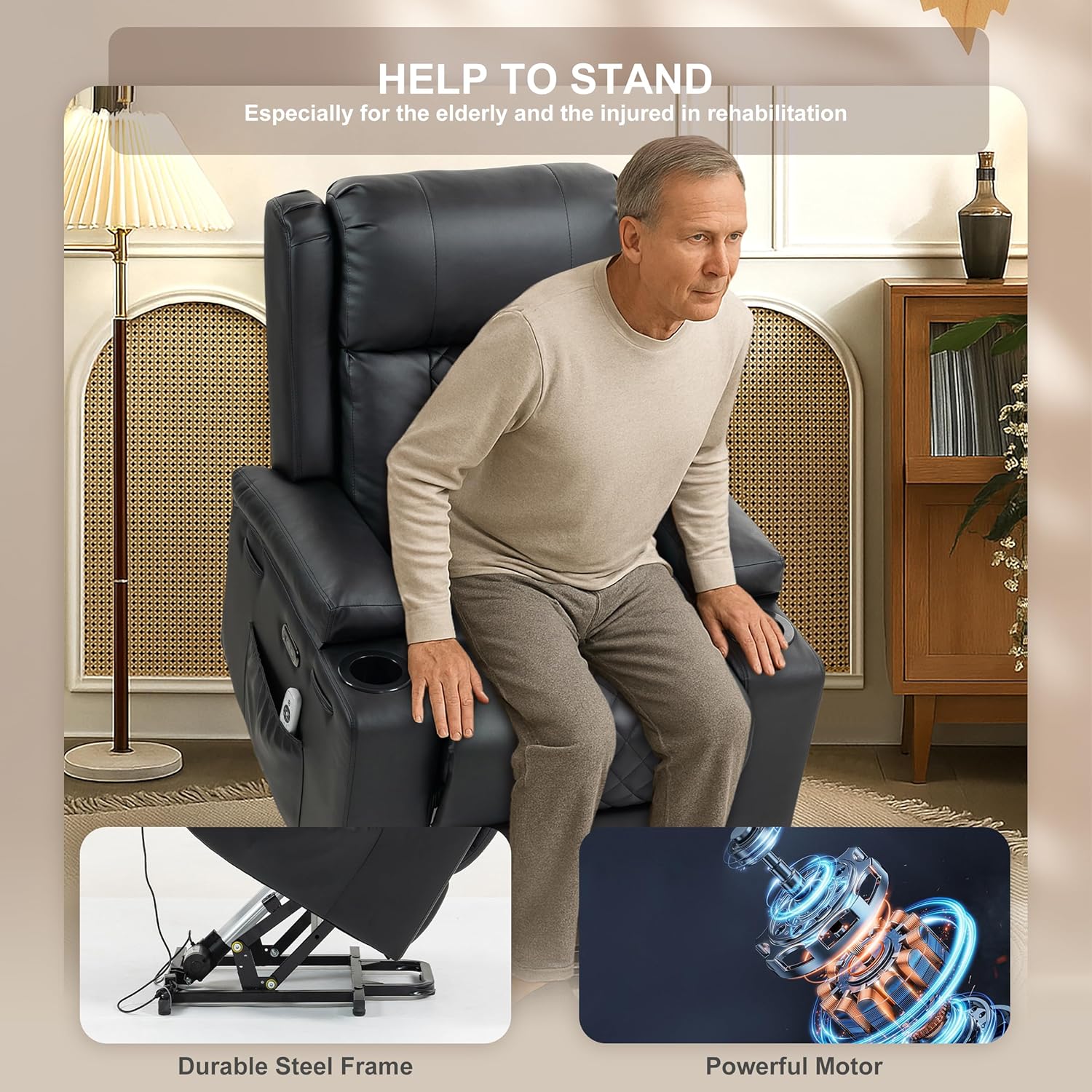 Power Lift Recliner Chair for Elderly with Vibration Massage and Lumbar Heating, Electric PU Leather Single Sofa with Cup Holders and USB & Type C Ports for Living Room, Black